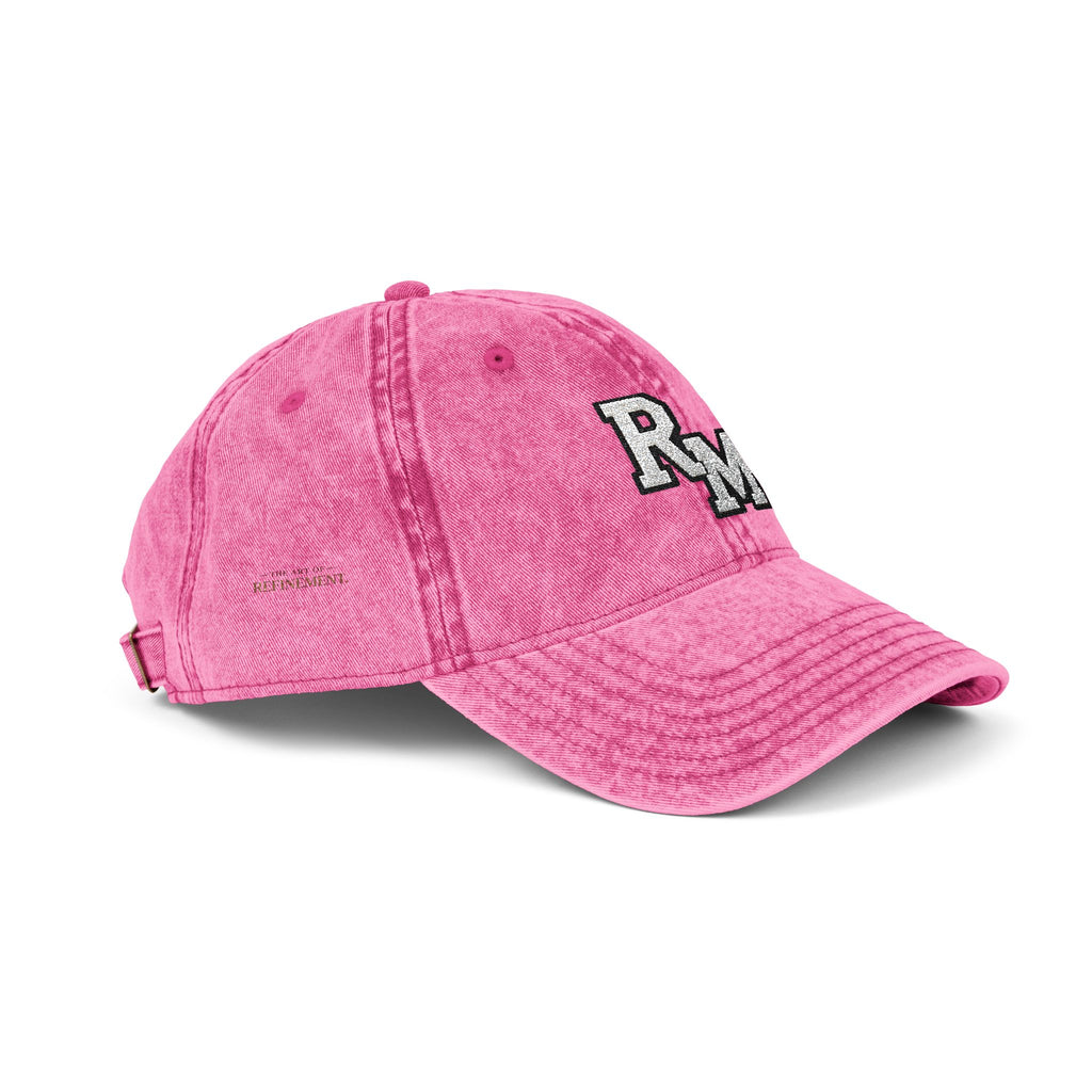 Vintage Embroidered Cap – Distressed Grey Baseball Hat with Gold RM Monogram