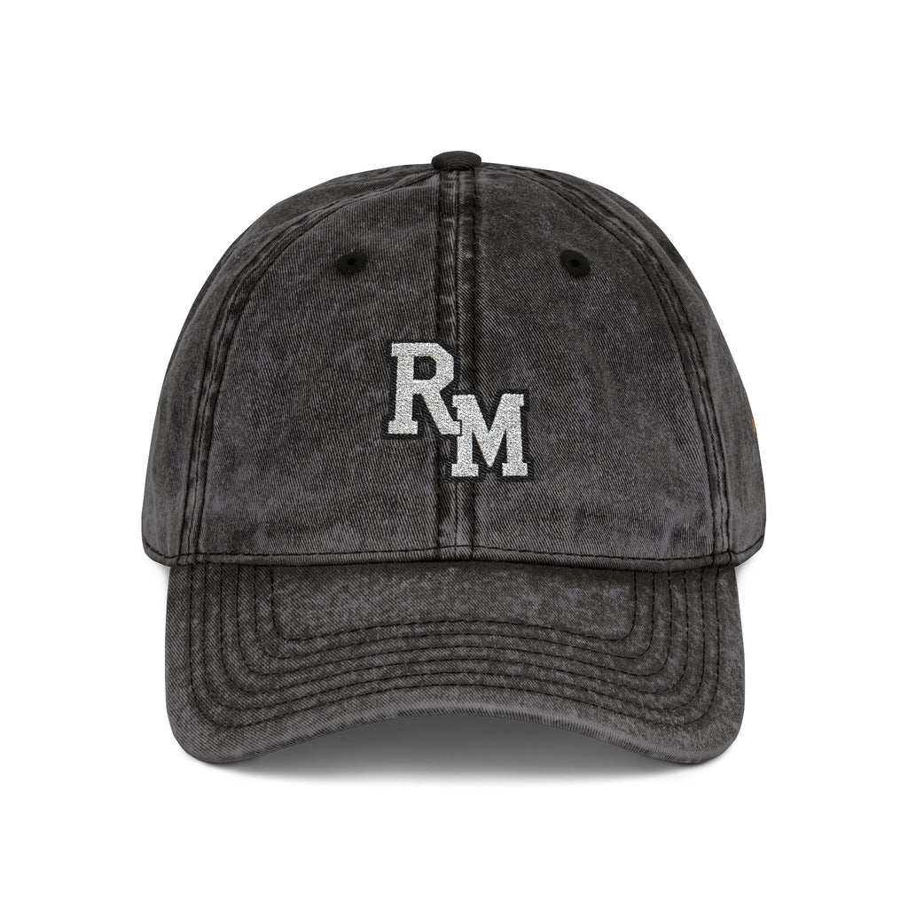 Vintage Embroidered Cap – Distressed Grey Baseball Hat with Gold RM Monogram