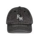 Vintage Embroidered Cap – Distressed Grey Baseball Hat with Gold RM Monogram
