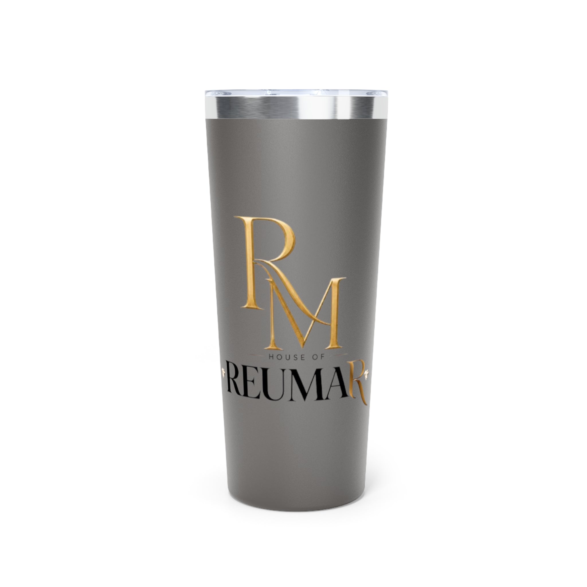 22oz Copper Vacuum Tumbler — Matte Gray Travel Cup with Gold Monogram "House of Reuman"
