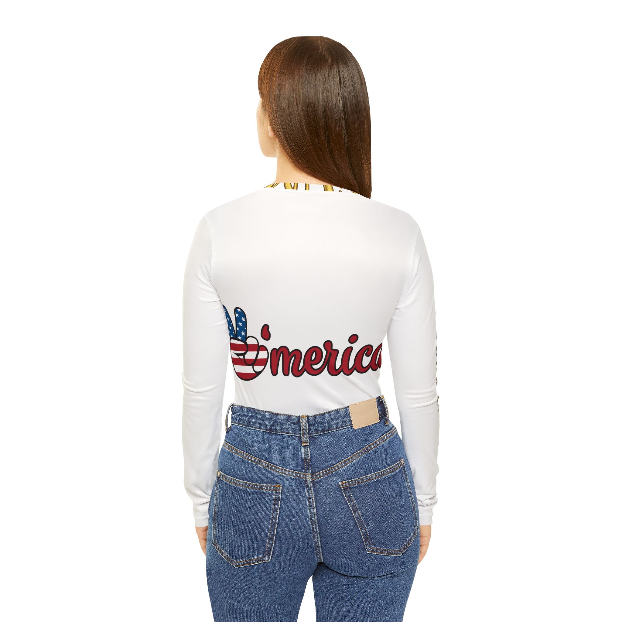 Women's V-Neck Long Sleeve Shirt — 'Merica Flag Peace Sign & House of Reumar Logo