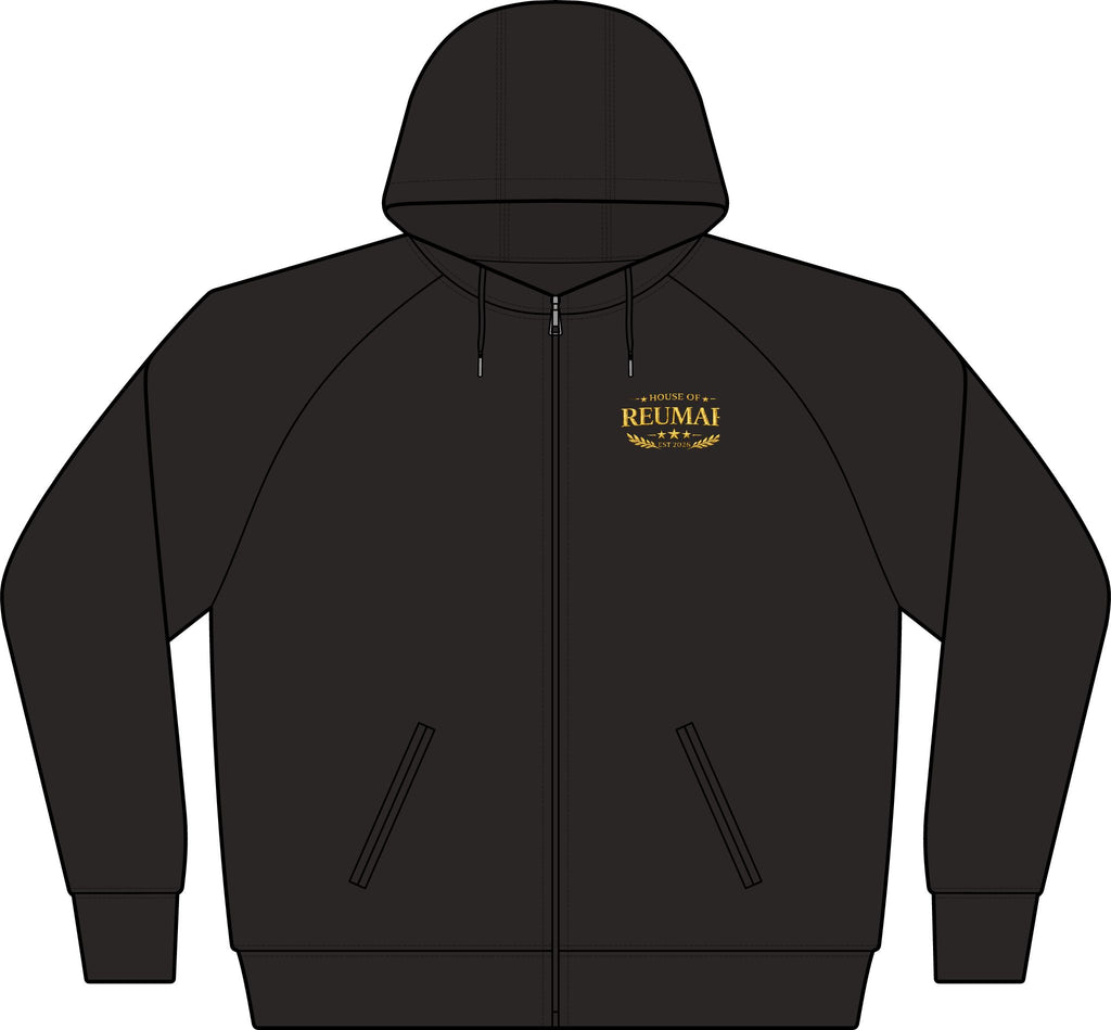 Women's Black Full‑Zip Hoodie with Gold RM Logo — Varsity Fleece Jacket