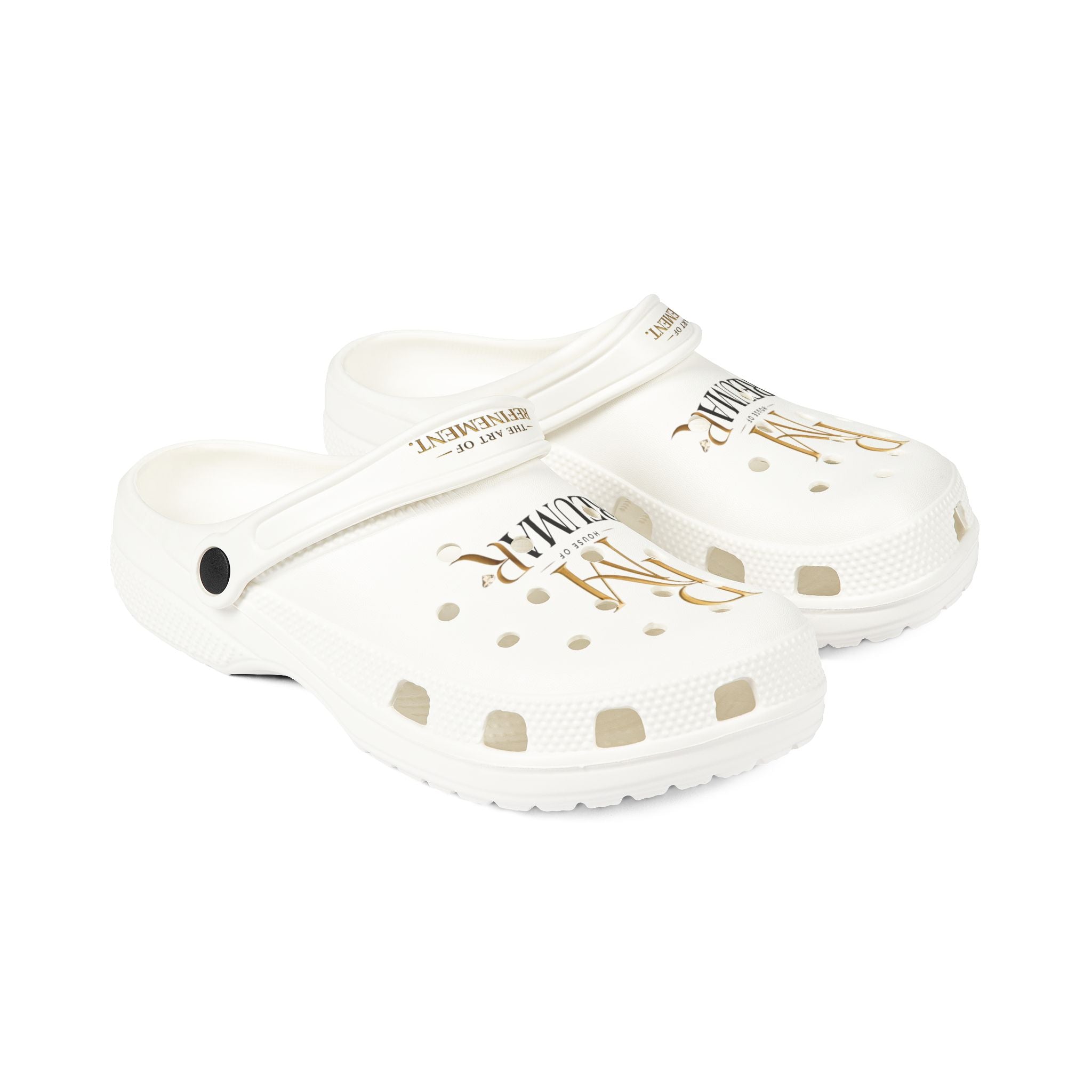 White EVA Foam Clogs with Gold Reumar Logo — Lightweight Slip-On Shoes