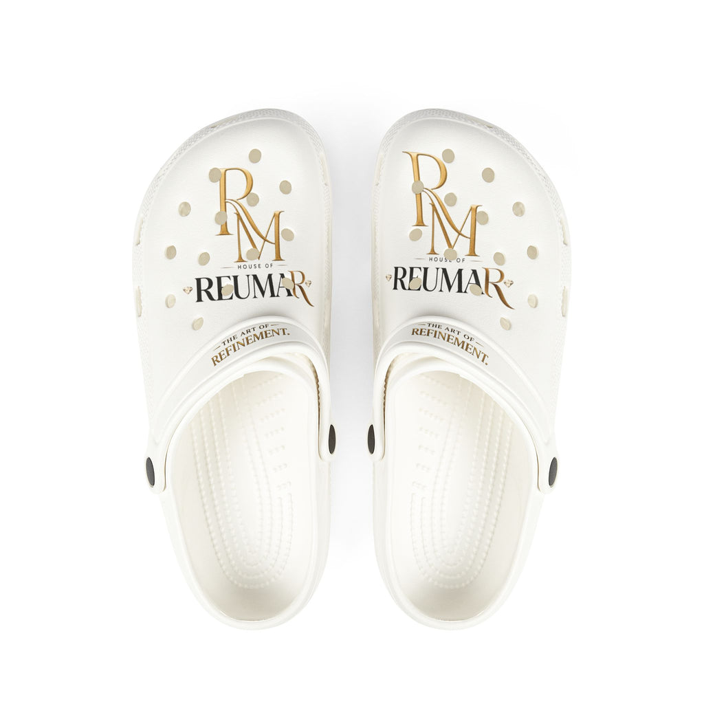 White EVA Foam Clogs with Gold Reumar Logo — Lightweight Slip-On Shoes