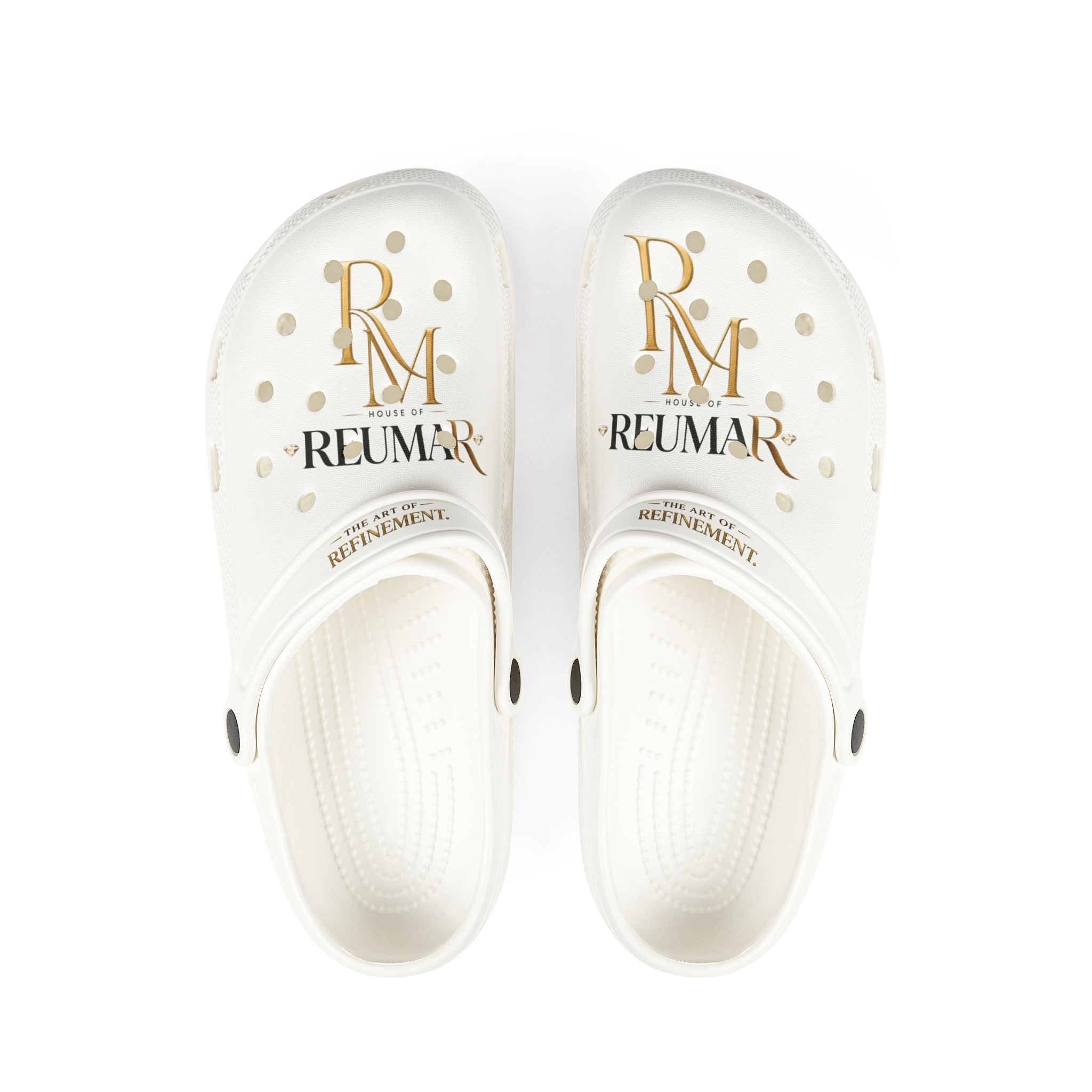 White EVA Foam Clogs with Gold Reumar Logo — Lightweight Slip-On Shoes