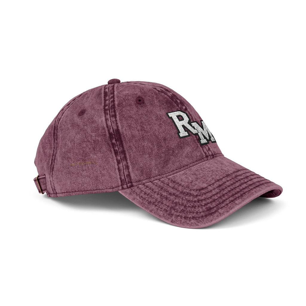 Vintage Embroidered Cap – Distressed Grey Baseball Hat with Gold RM Monogram