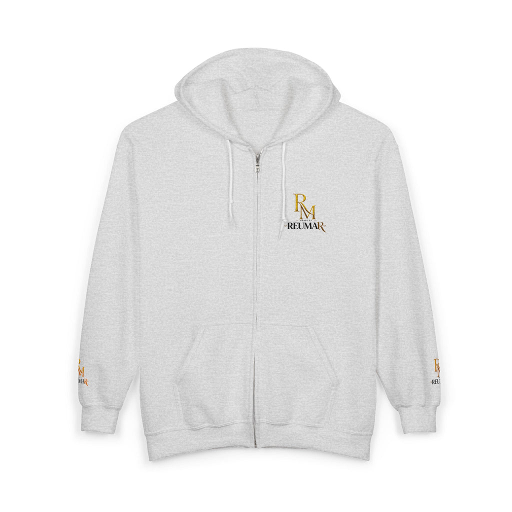 Full-Zip White Hoodie with Gold 'RM' Minimalist Logo