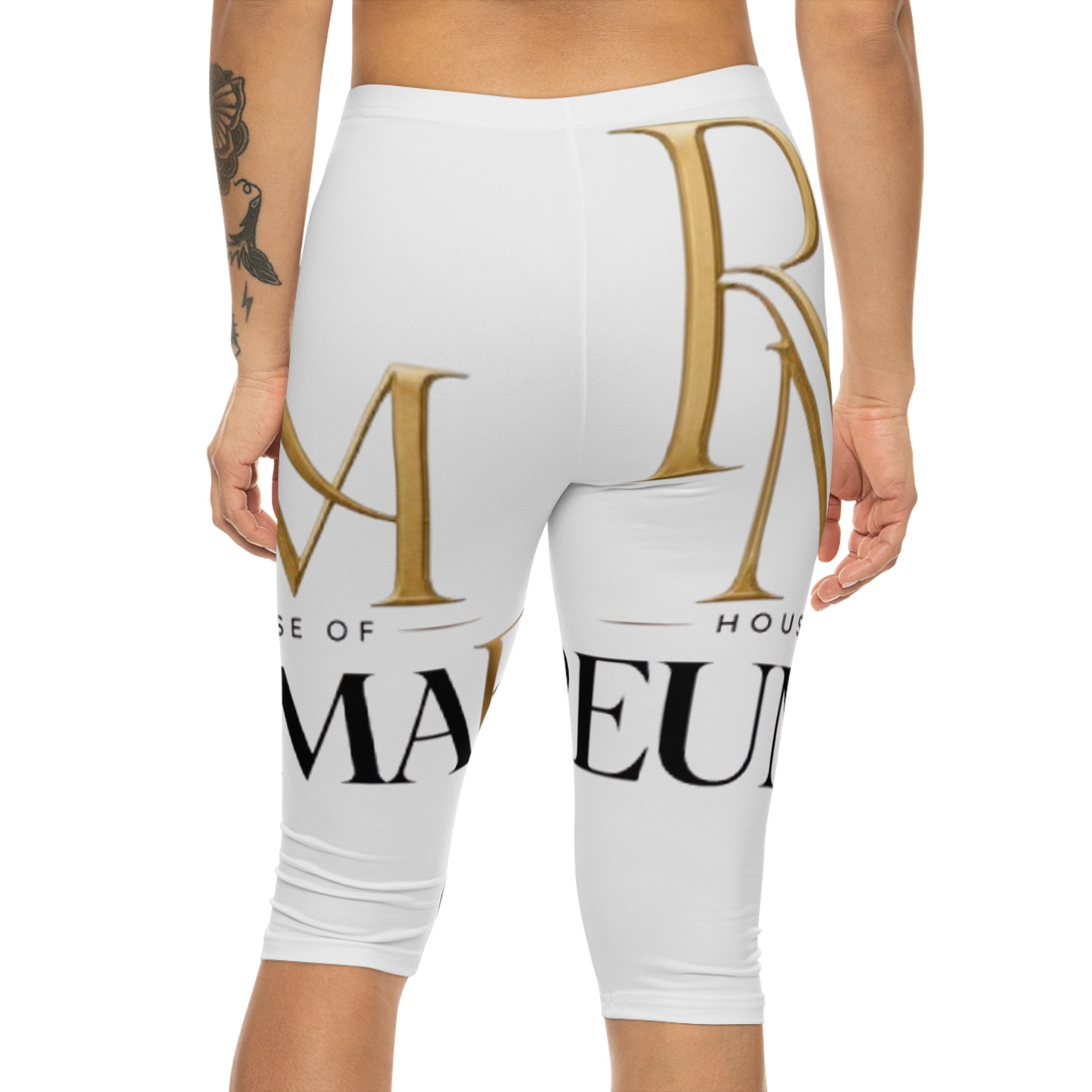 Capri Leggings — 'House of Mareun' Gold & Black Logo All-Over Print