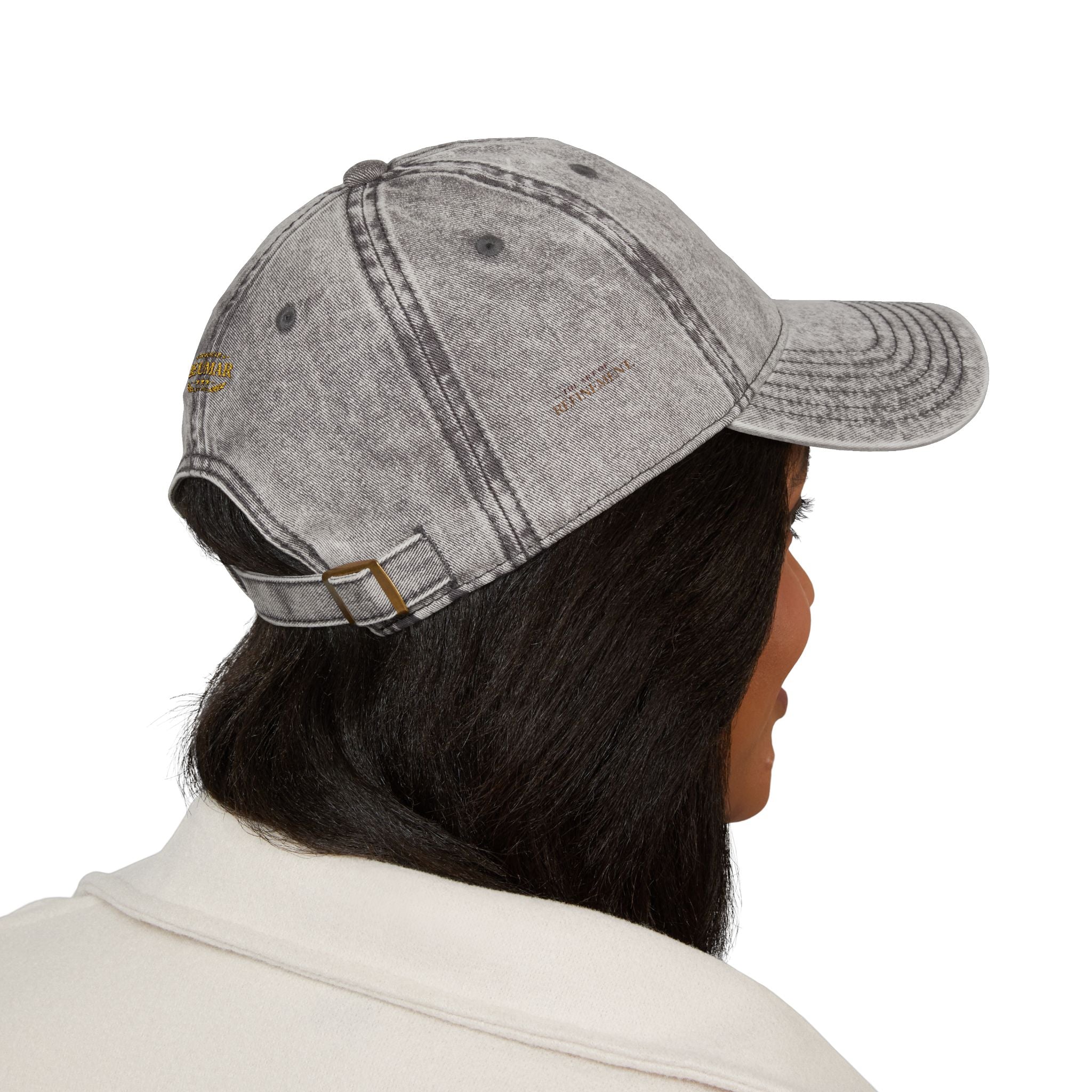 Vintage Embroidered Cap – Distressed Grey Baseball Hat with Gold RM Monogram