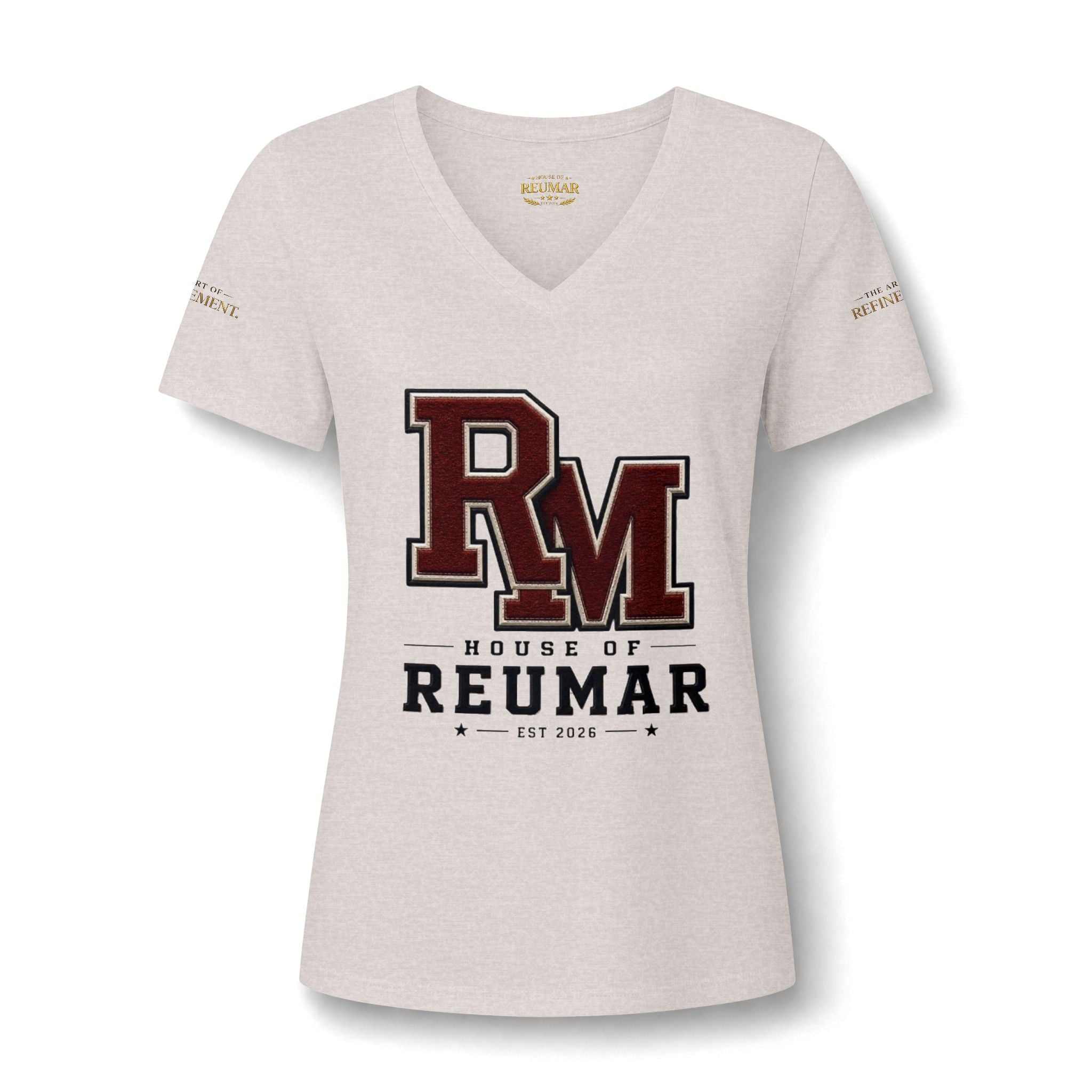 Women's V-Neck Tee — 'RM House of Reumar' Collegiate Graphic