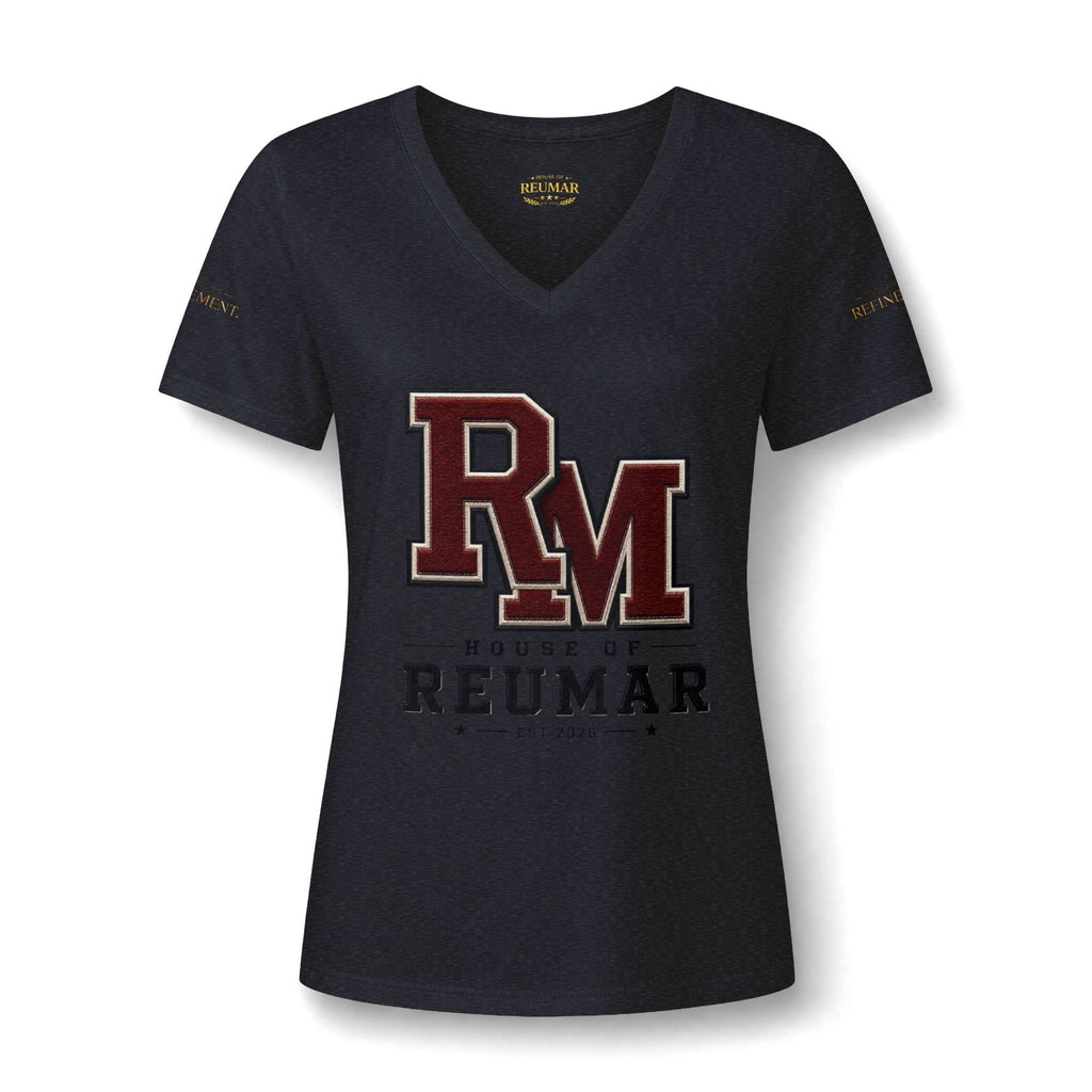 Women's V-Neck Tee — 'RM House of Reumar' Collegiate Graphic