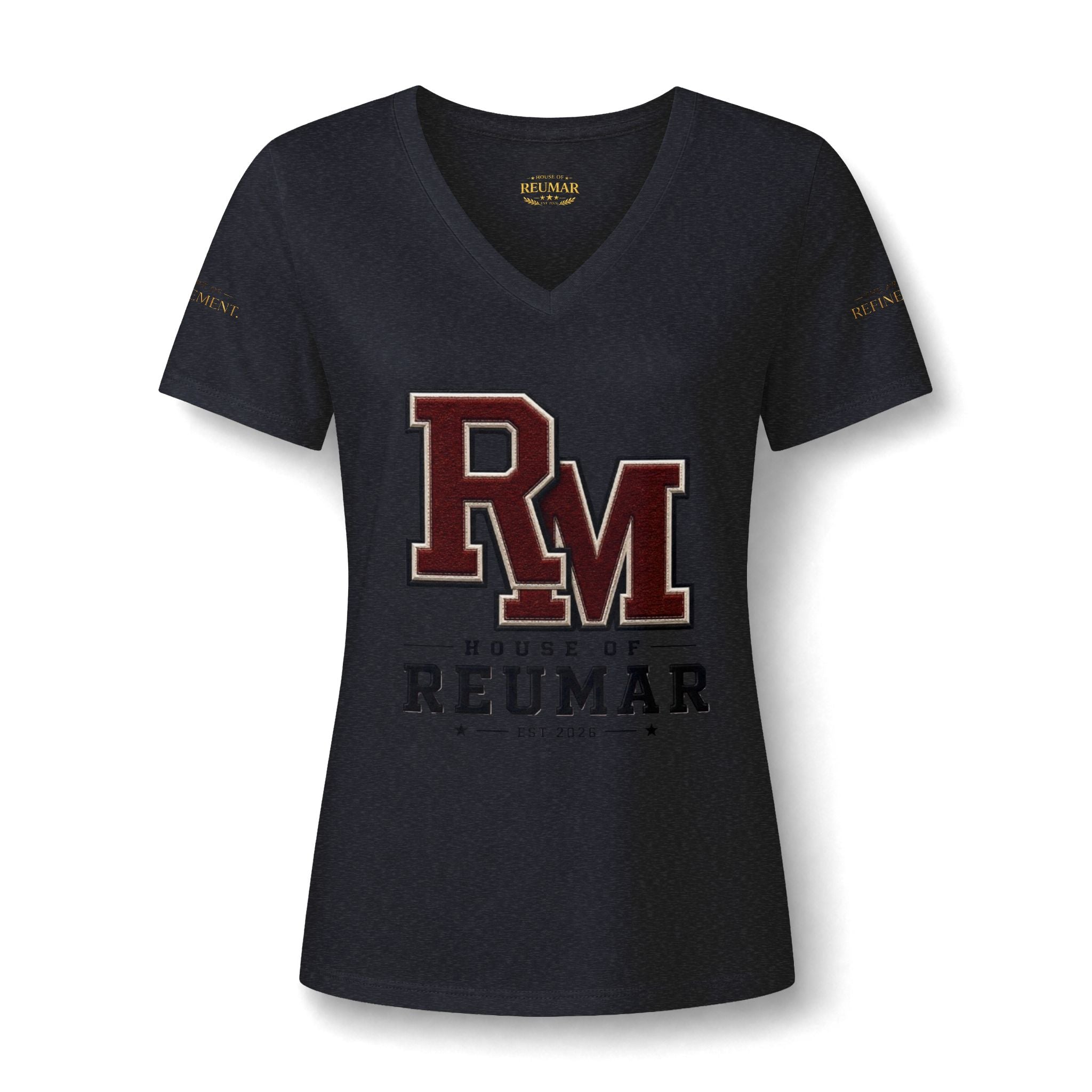 Women's V-Neck Tee — 'RM House of Reumar' Collegiate Graphic
