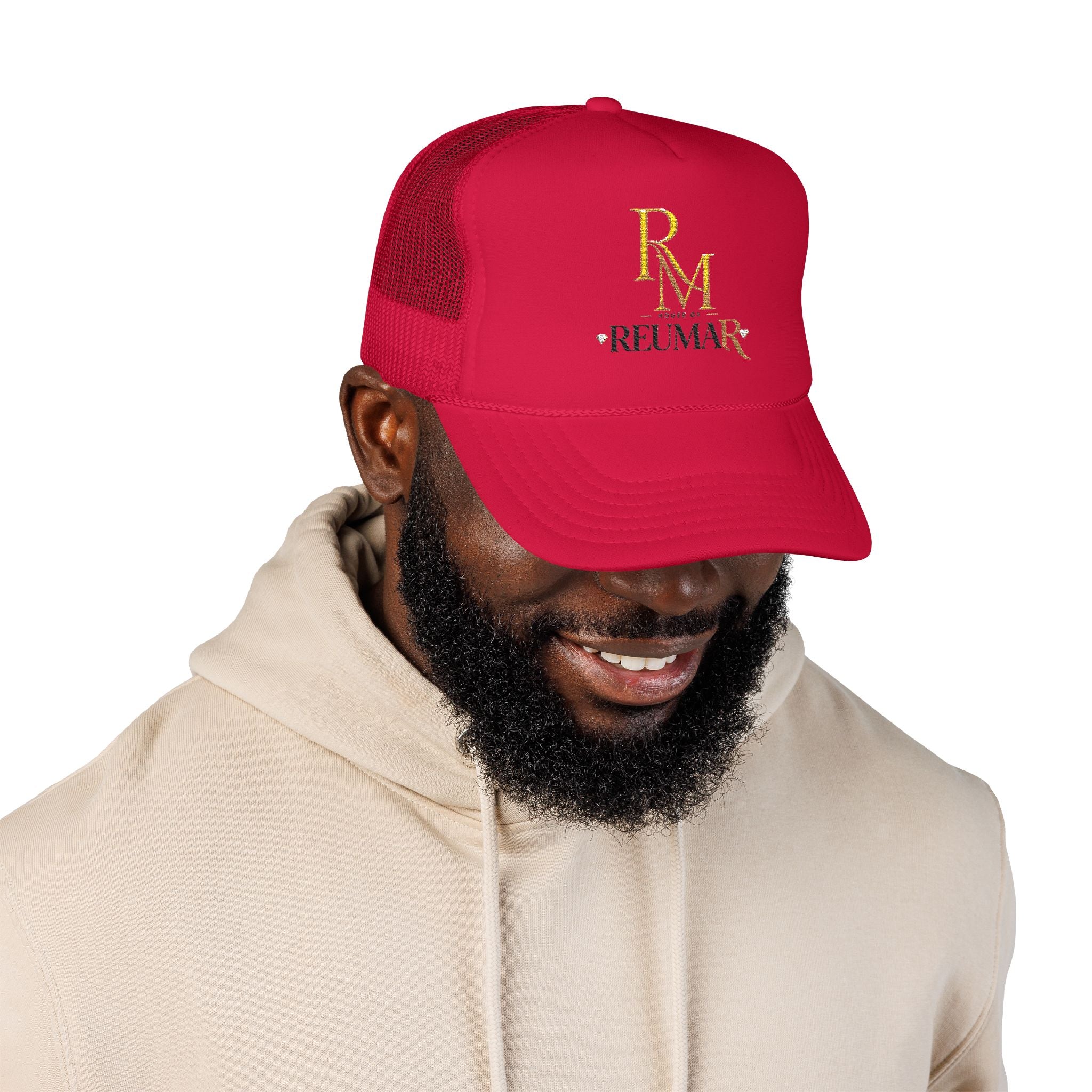 Reumar Gold Monogram Trucker Hat - Mesh Foam Baseball Cap