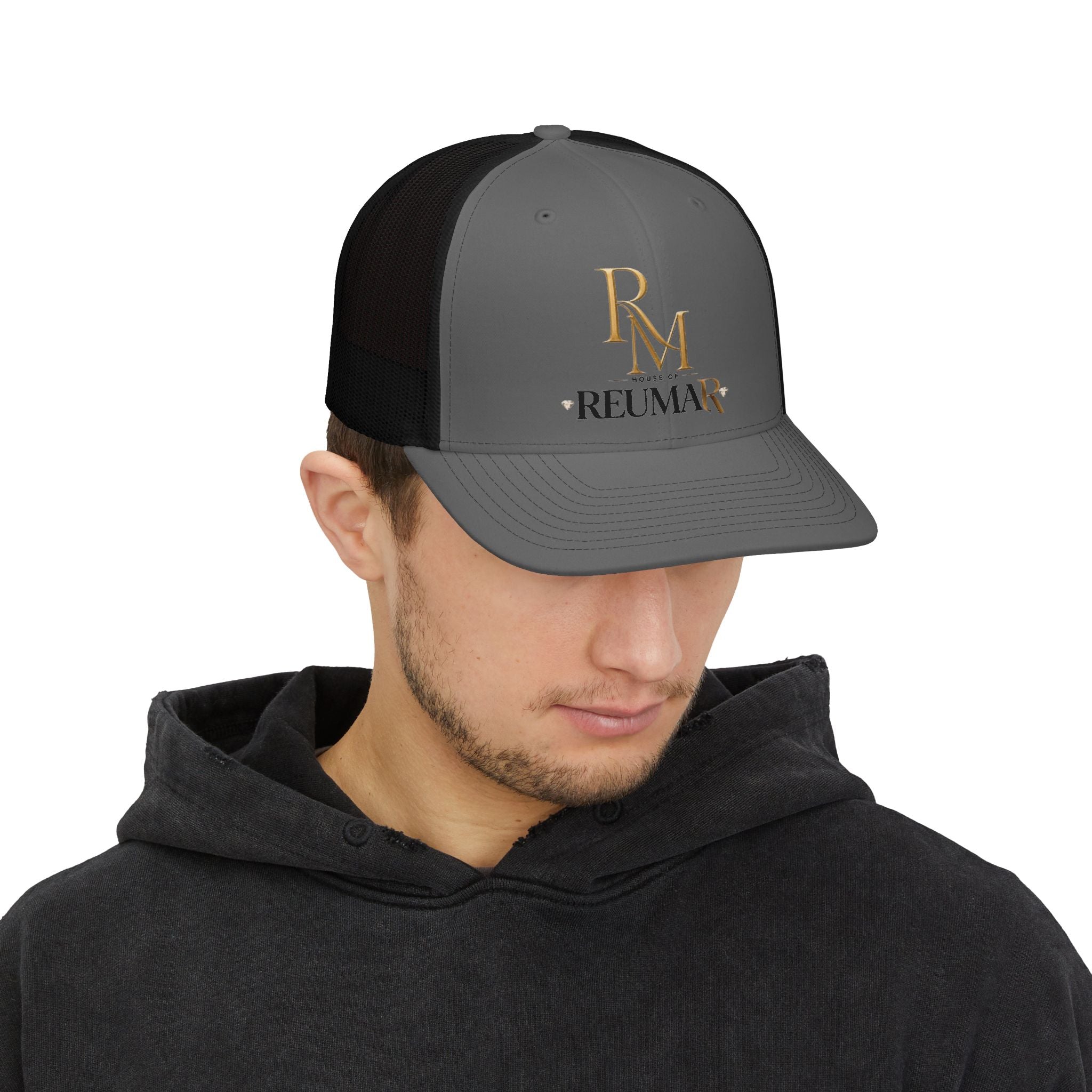 Reumar RM Embroidered Snapback Trucker Cap — Gold Logo Mesh Baseball Hat