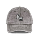 Vintage Embroidered Cap – Distressed Grey Baseball Hat with Gold RM Monogram