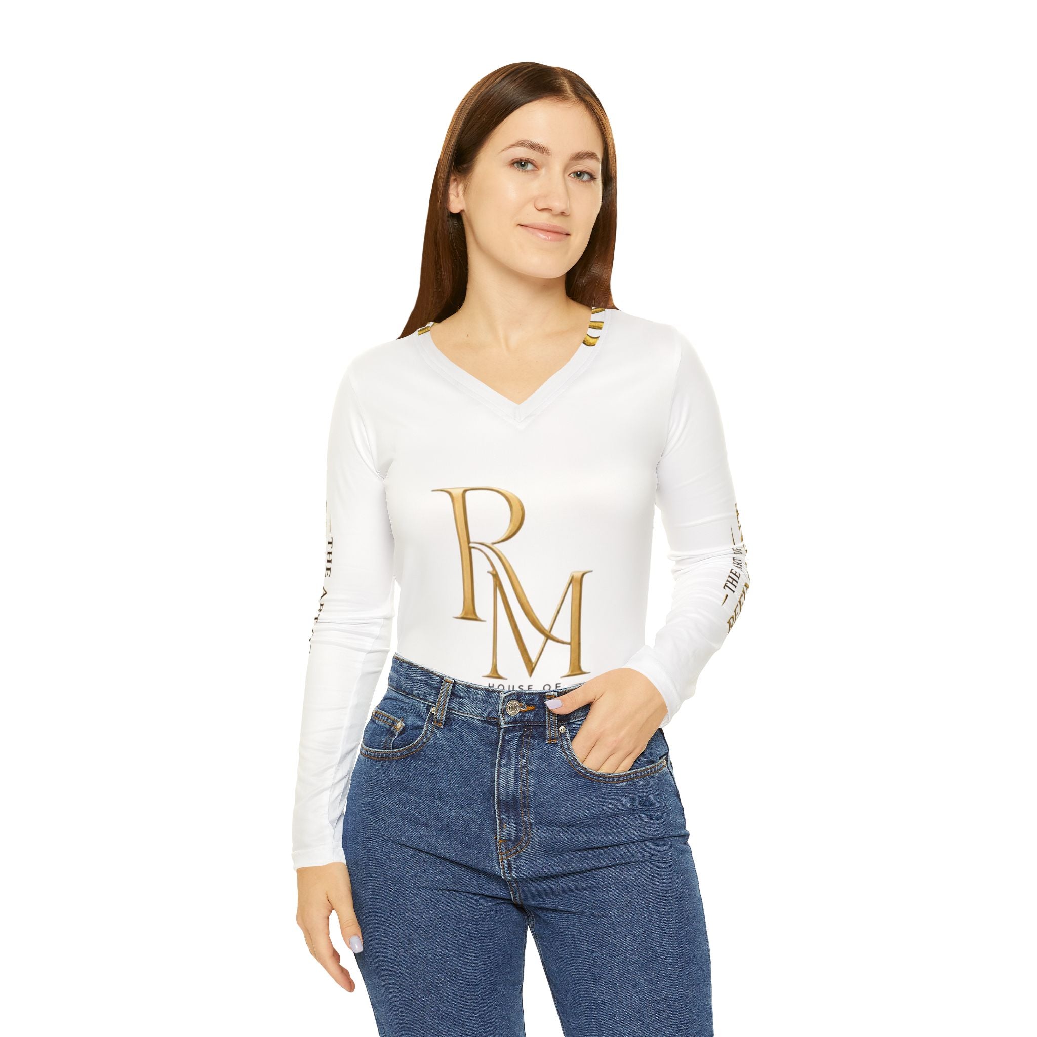 Women's V-Neck Long Sleeve Shirt — 'Merica Flag Peace Sign & House of Reumar Logo
