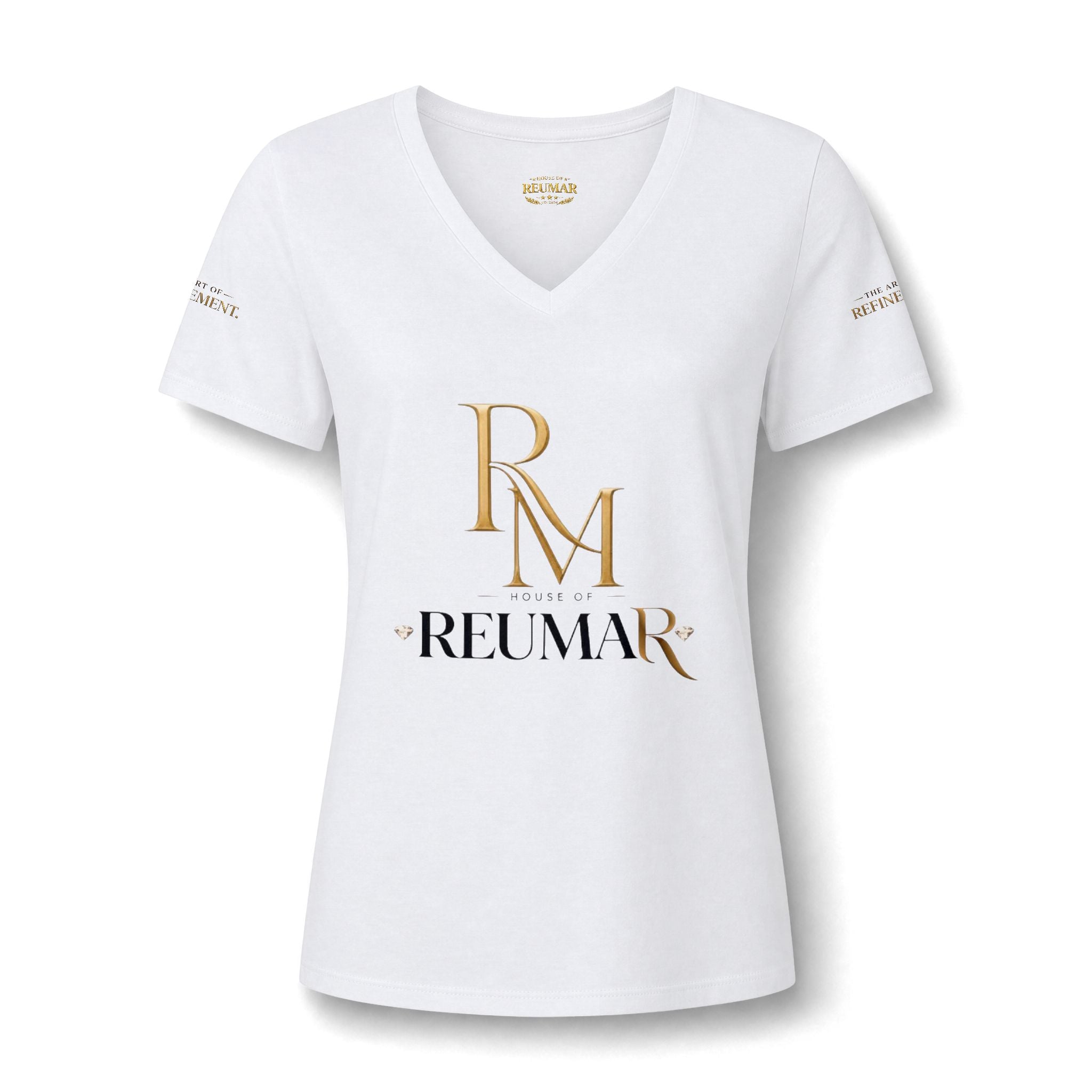 Women's V-Neck Tee — 'Reumar' Gold Monogram Logo