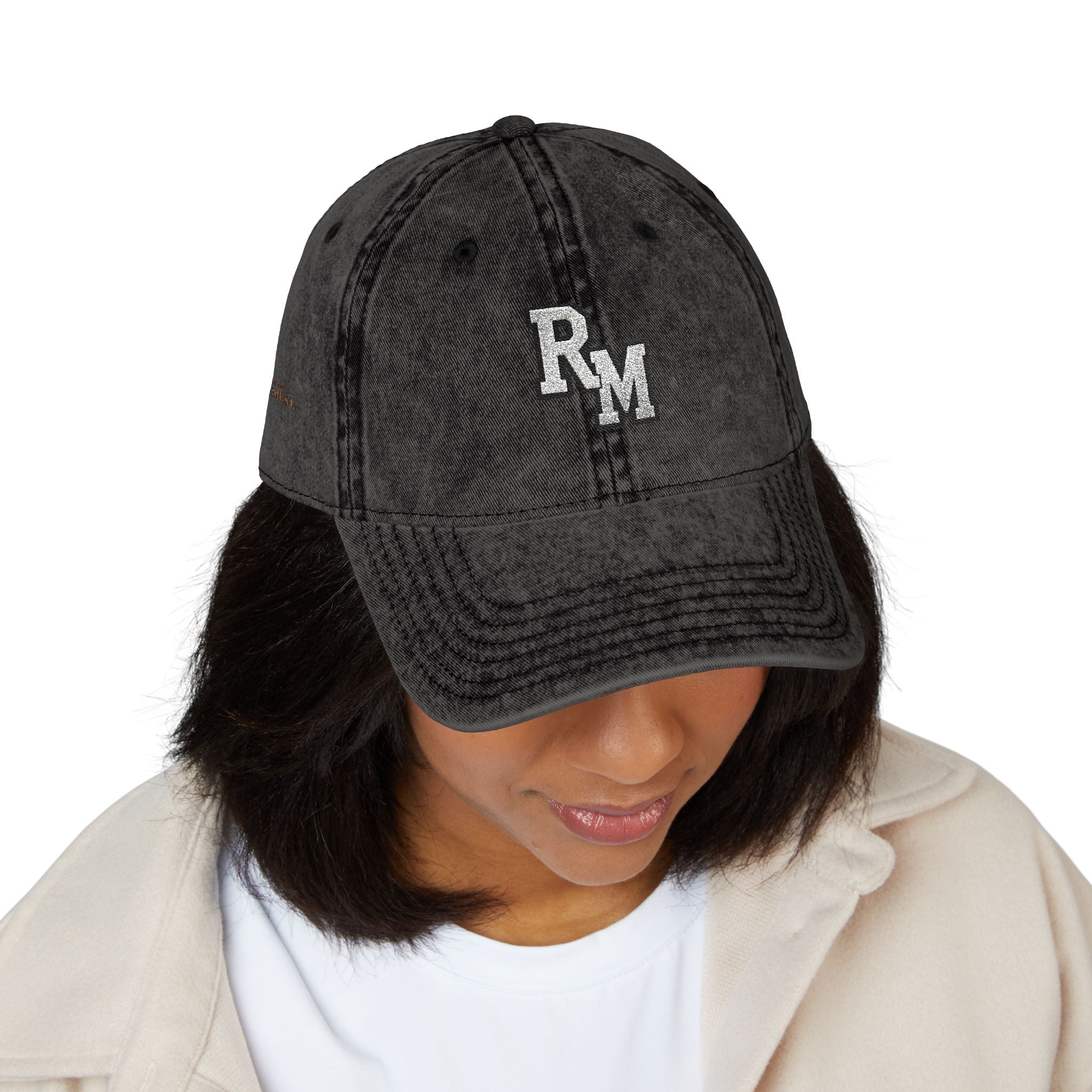 Vintage Embroidered Cap – Distressed Grey Baseball Hat with Gold RM Monogram