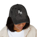 Vintage Embroidered Cap – Distressed Grey Baseball Hat with Gold RM Monogram