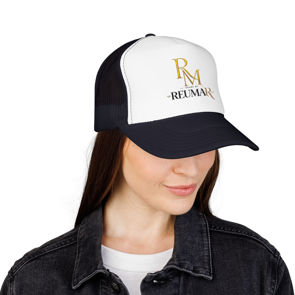 Reumar Gold Monogram Trucker Hat - Mesh Foam Baseball Cap