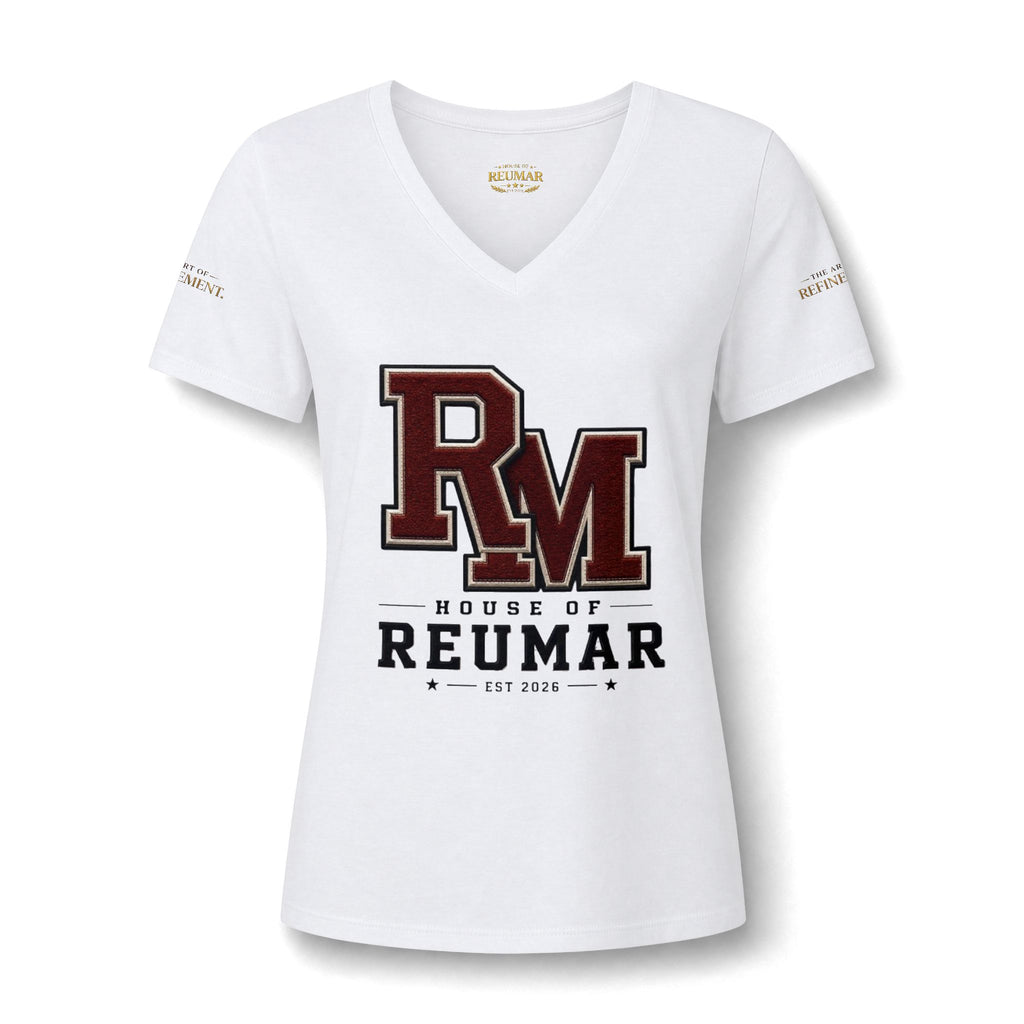Women's V-Neck Tee — 'RM House of Reumar' Collegiate Graphic