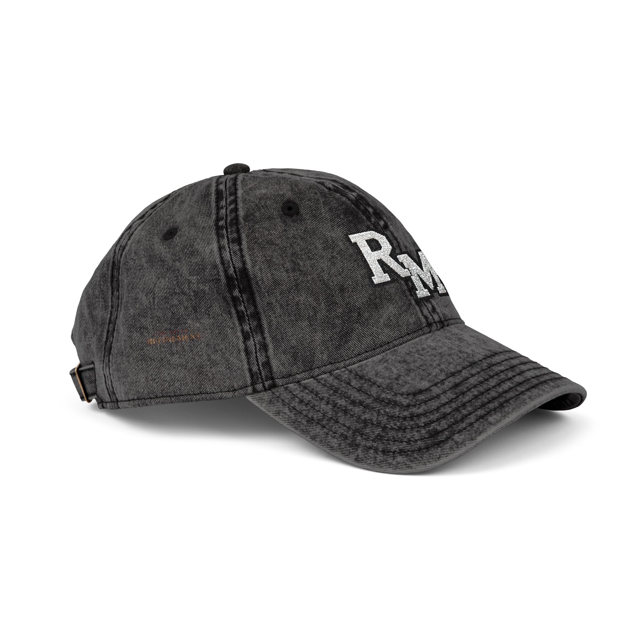 Vintage Embroidered Cap – Distressed Grey Baseball Hat with Gold RM Monogram