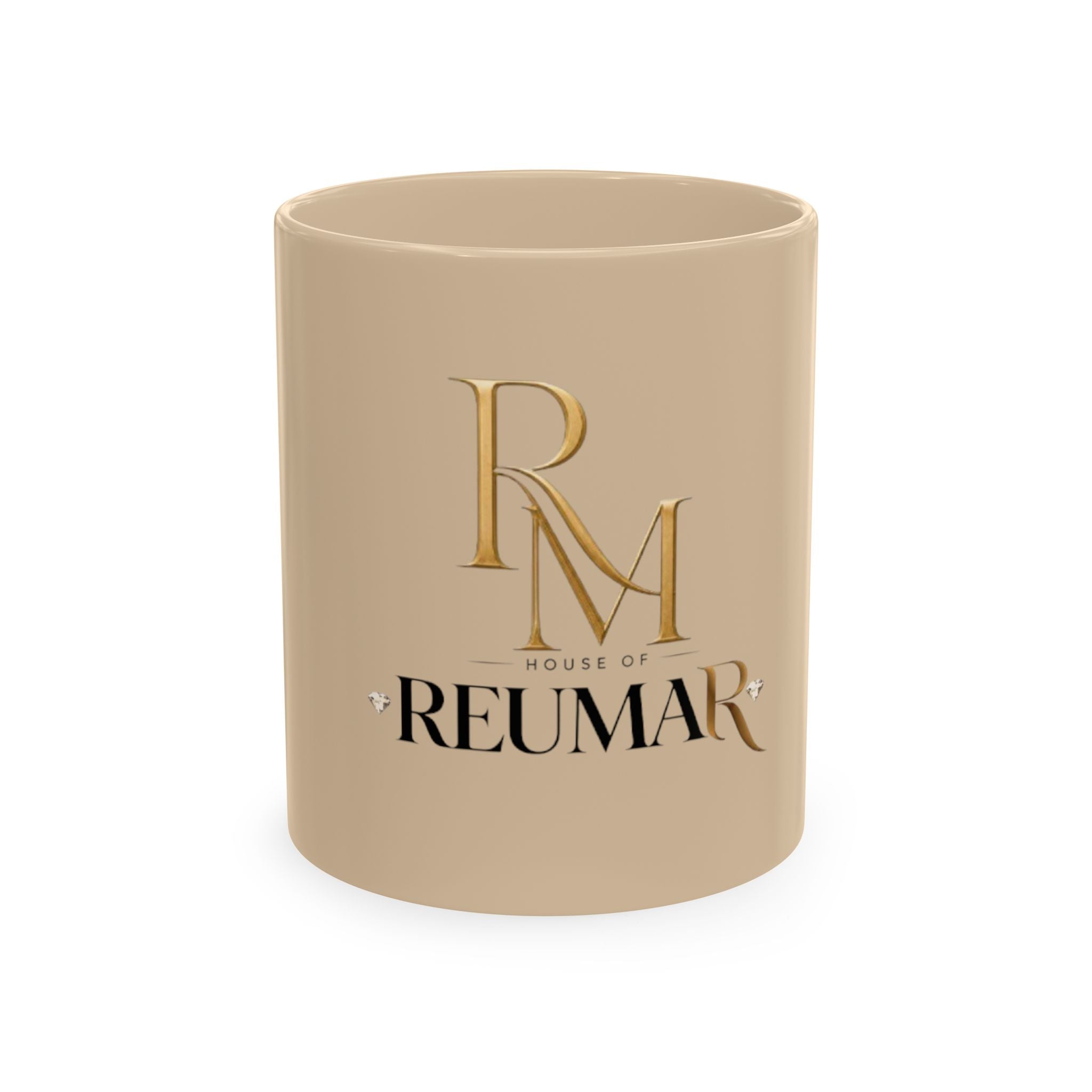 House of Reumar Beige Ceramic Mug — Gold Monogram Coffee Cup