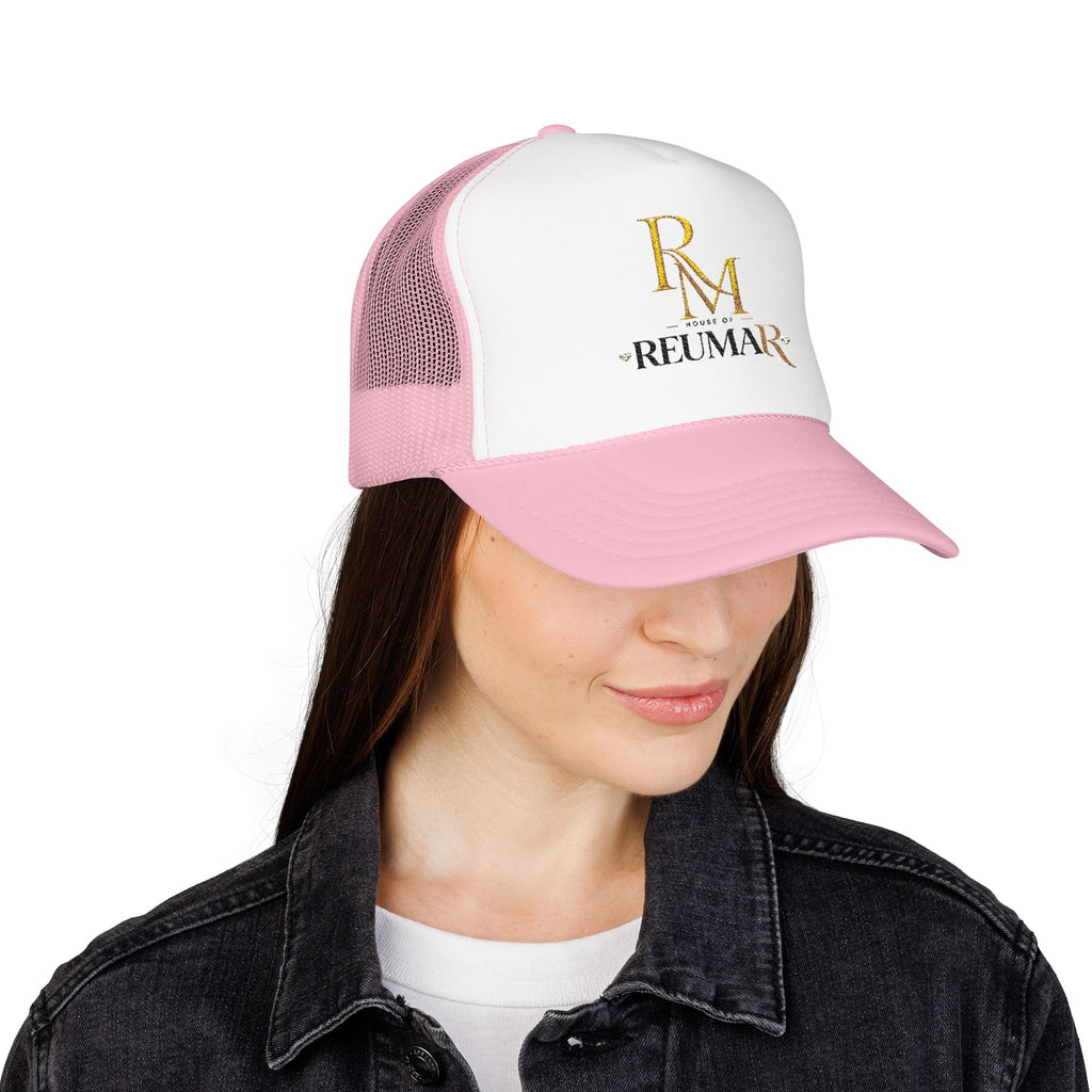 Reumar Gold Monogram Trucker Hat - Mesh Foam Baseball Cap
