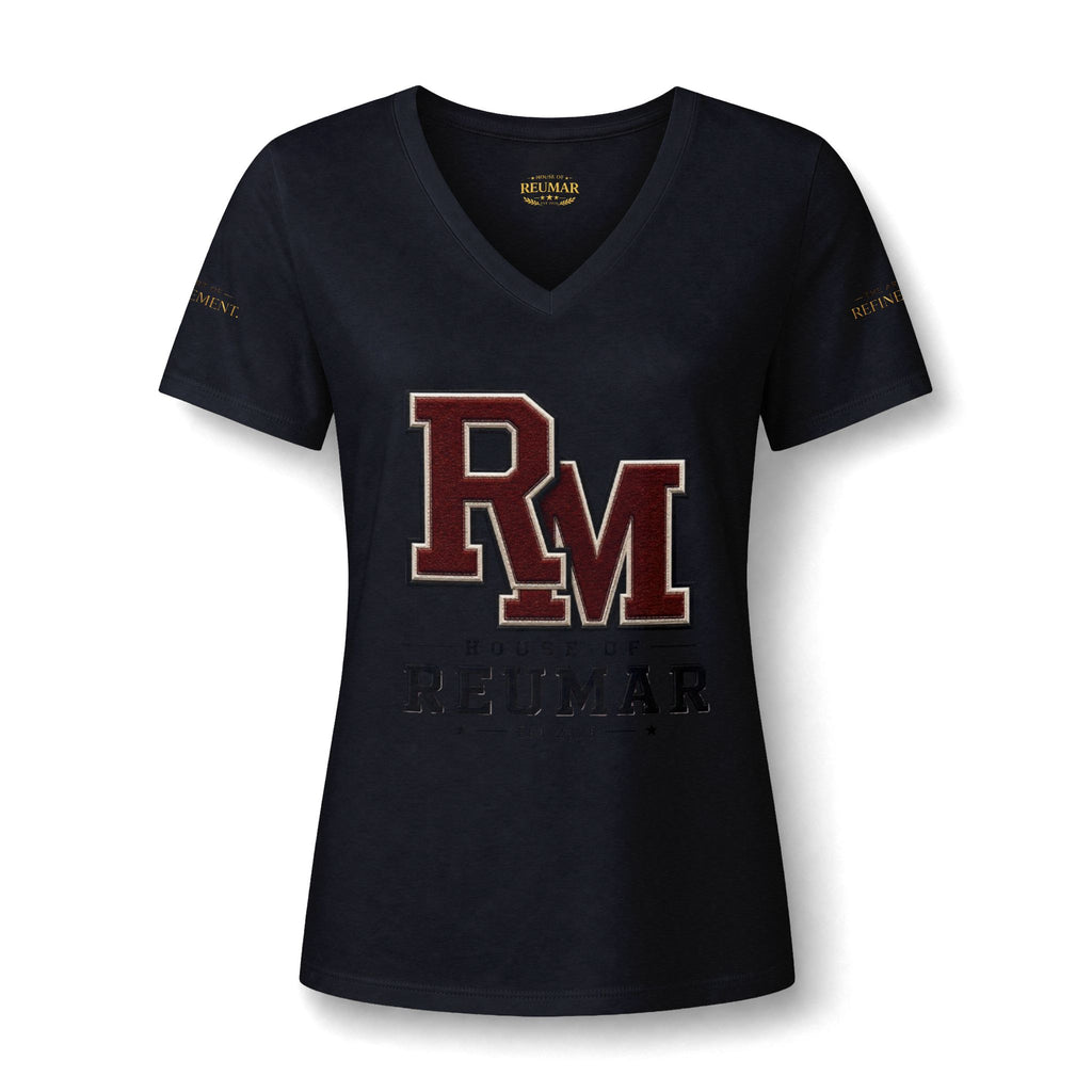 Women's V-Neck Tee — 'RM House of Reumar' Collegiate Graphic