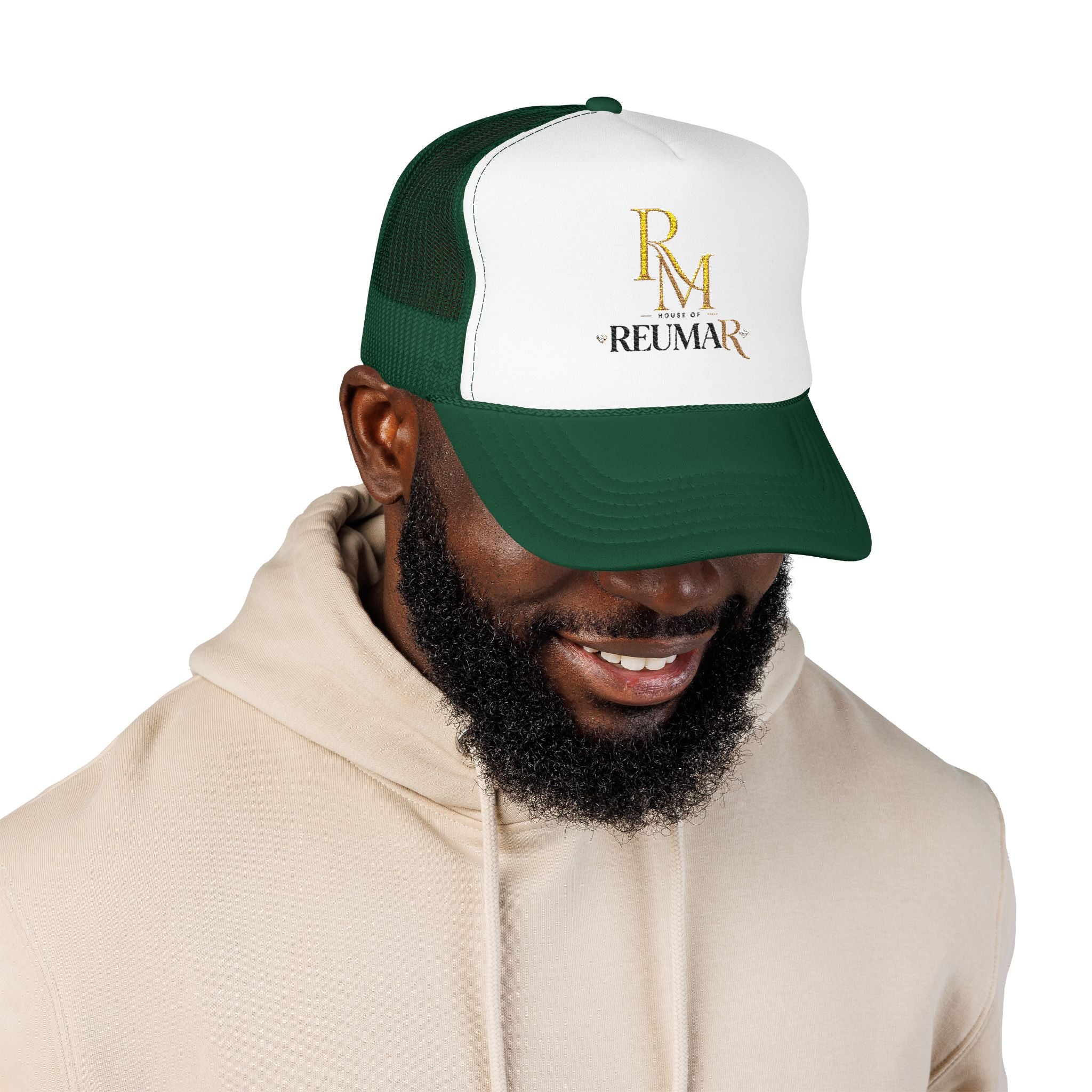 Reumar Gold Monogram Trucker Hat - Mesh Foam Baseball Cap