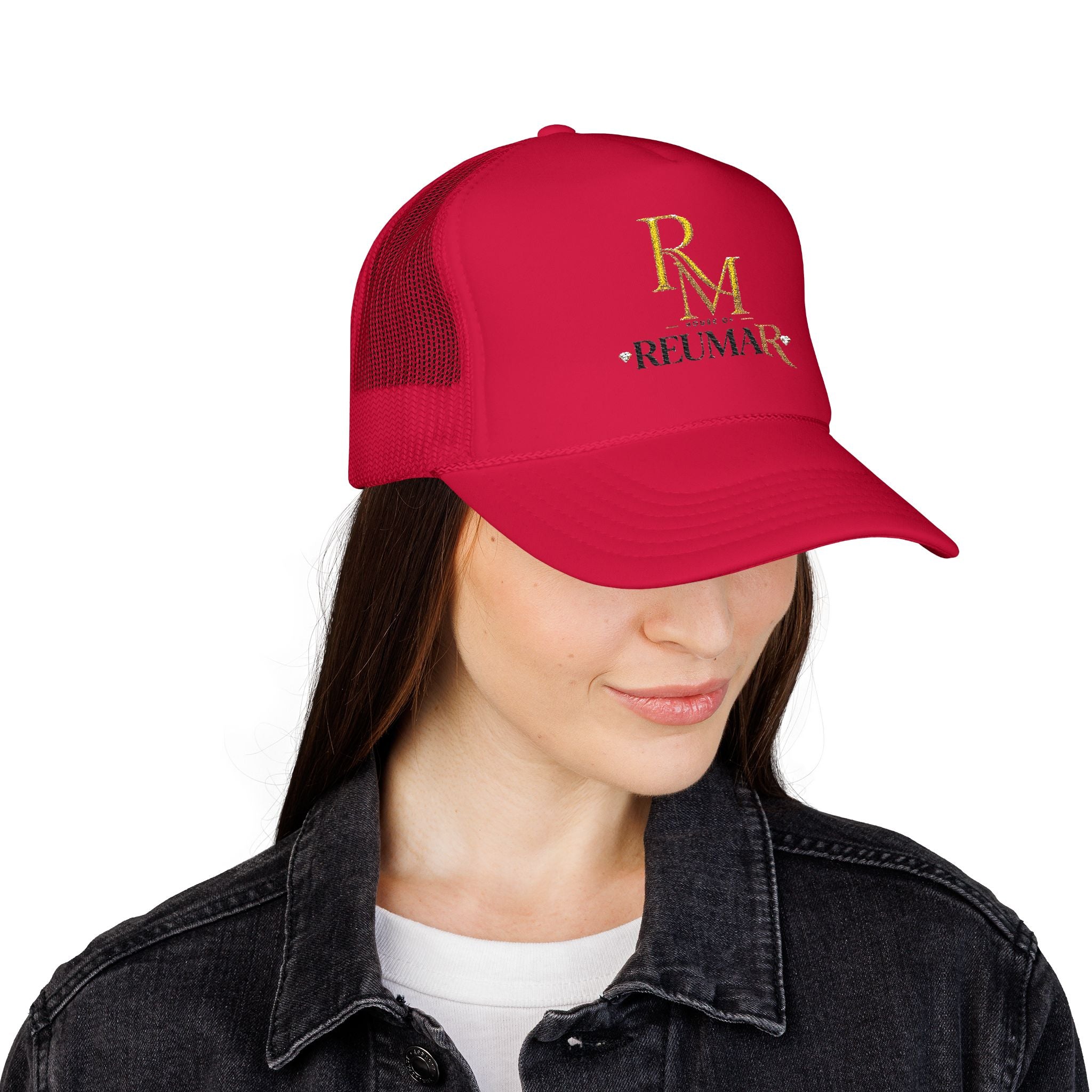 Reumar Gold Monogram Trucker Hat - Mesh Foam Baseball Cap