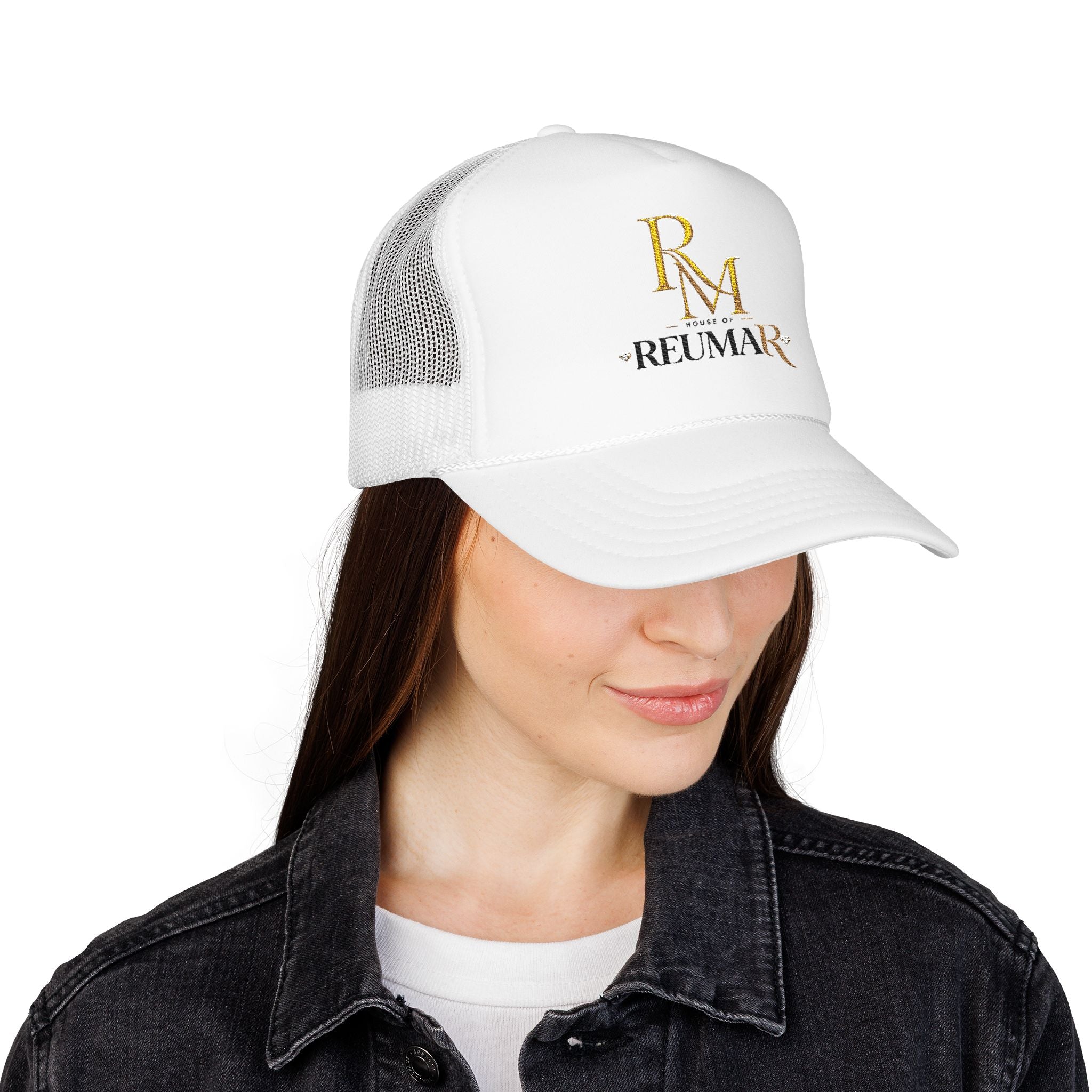 Reumar Gold Monogram Trucker Hat - Mesh Foam Baseball Cap