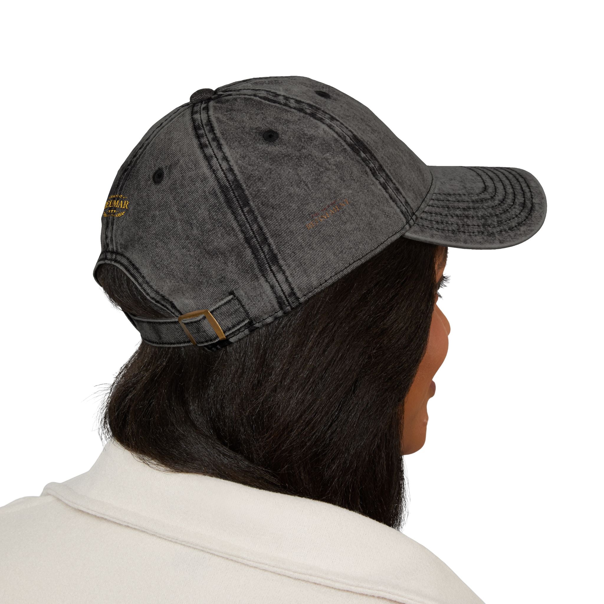 Vintage Embroidered Cap – Distressed Grey Baseball Hat with Gold RM Monogram