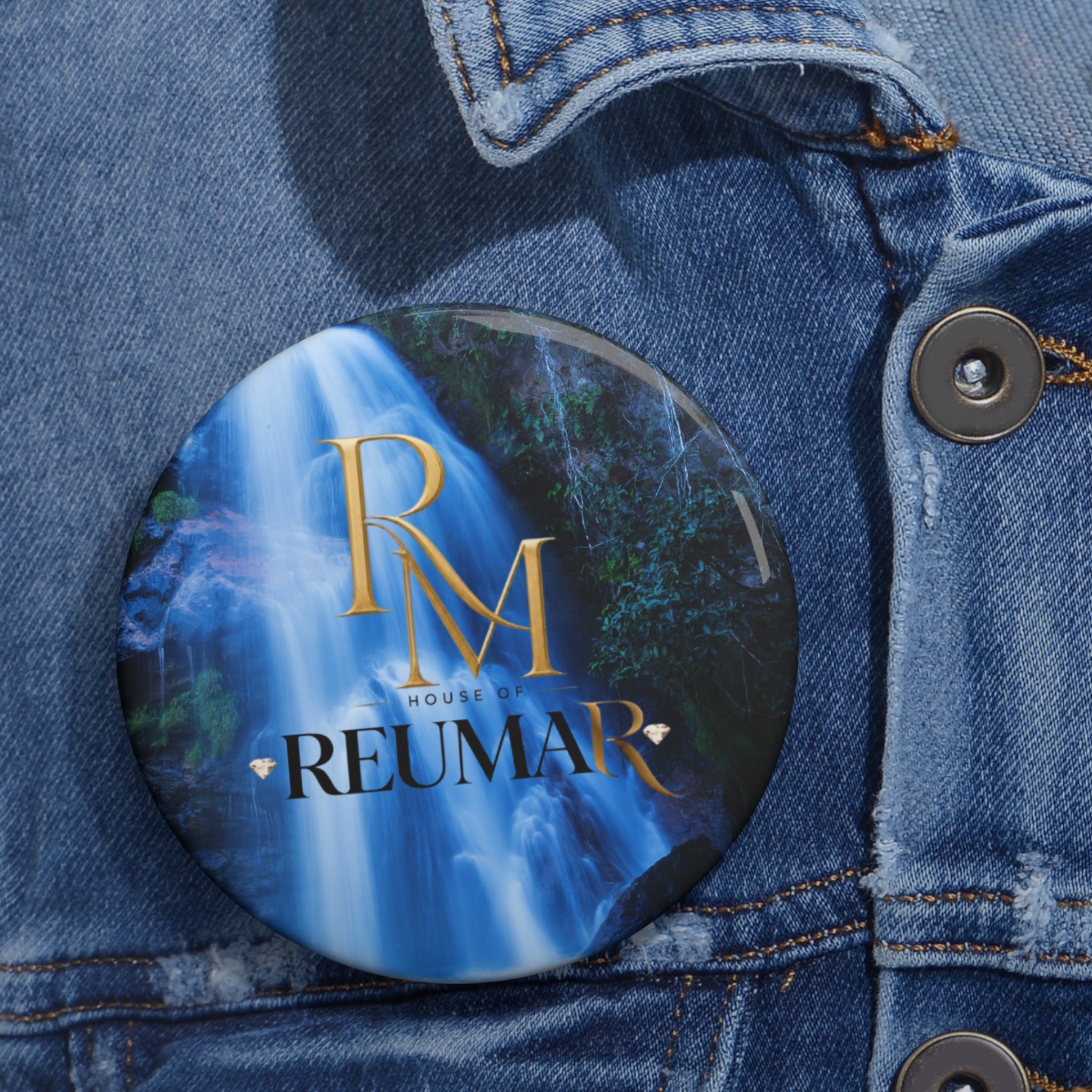 Reumar Waterfall Logo Pin Button — Custom Round Branded Badge