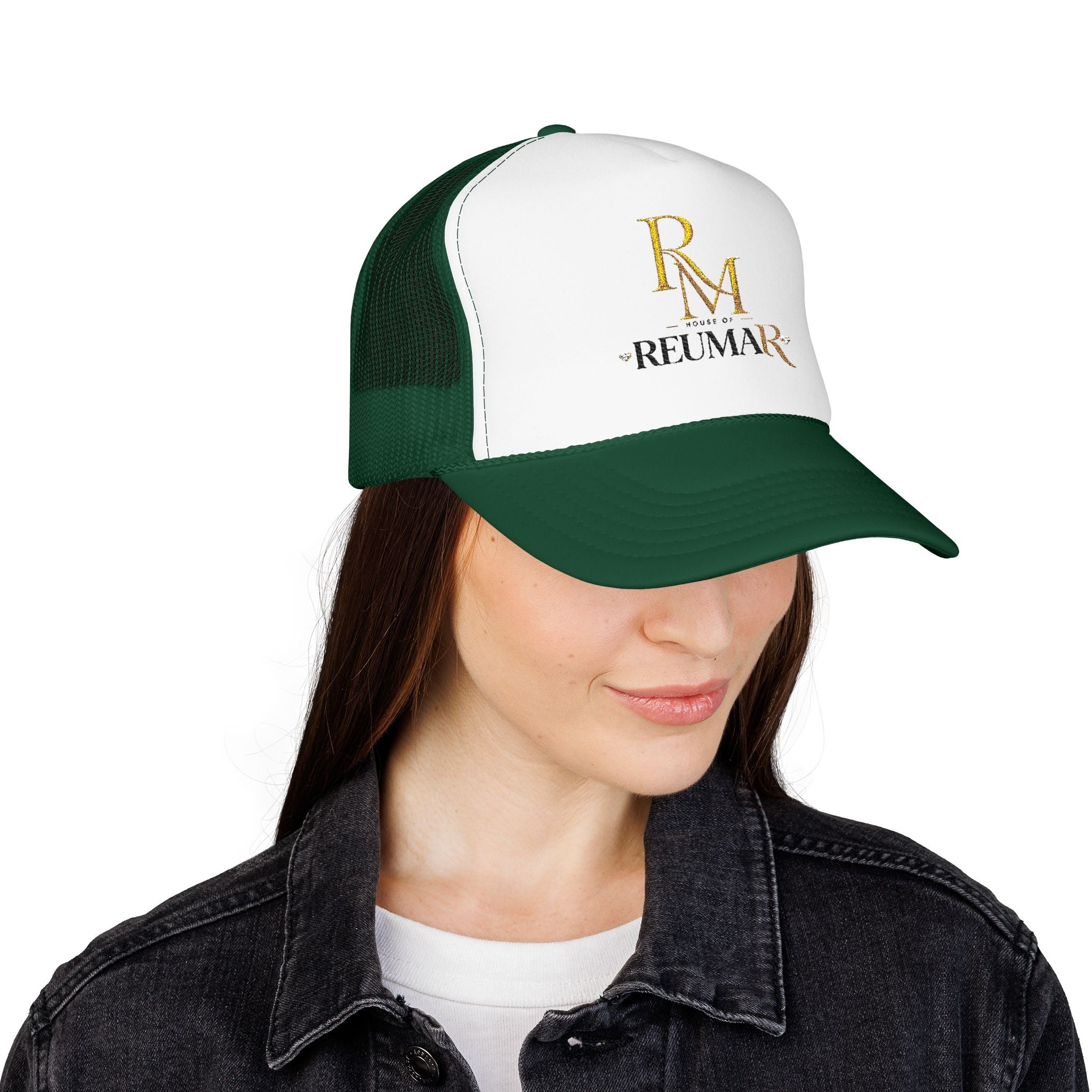 Reumar Gold Monogram Trucker Hat - Mesh Foam Baseball Cap