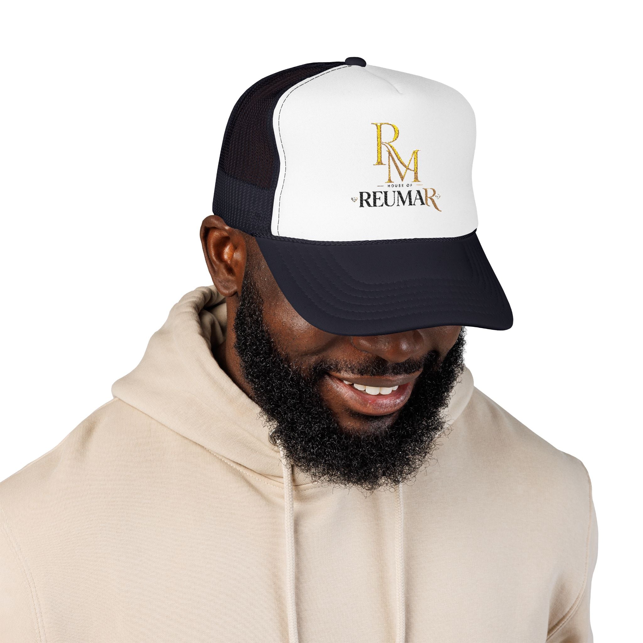 Reumar Gold Monogram Trucker Hat - Mesh Foam Baseball Cap