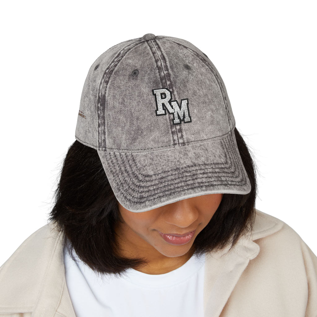 Vintage Embroidered Cap – Distressed Grey Baseball Hat with Gold RM Monogram