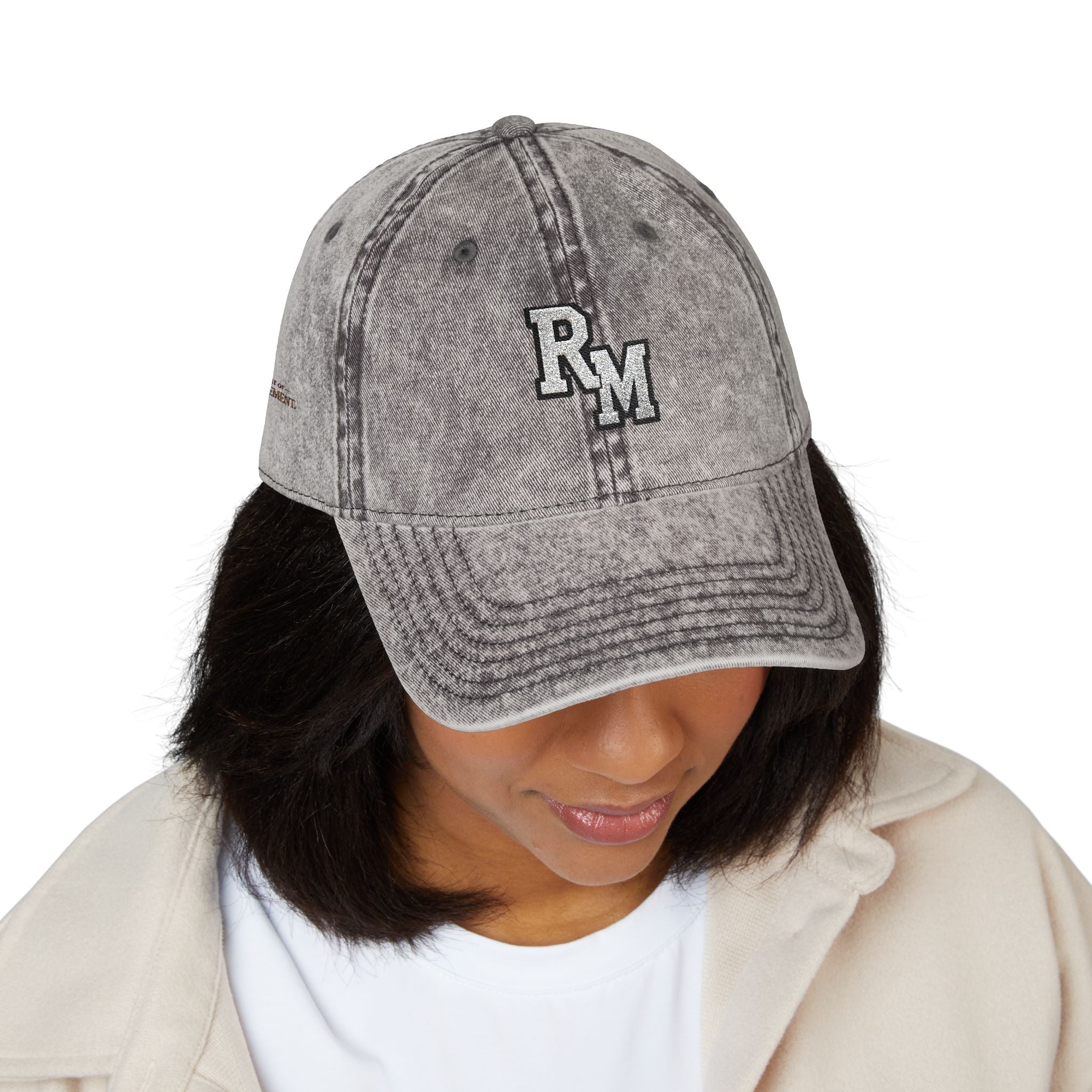 Vintage Embroidered Cap – Distressed Grey Baseball Hat with Gold RM Monogram