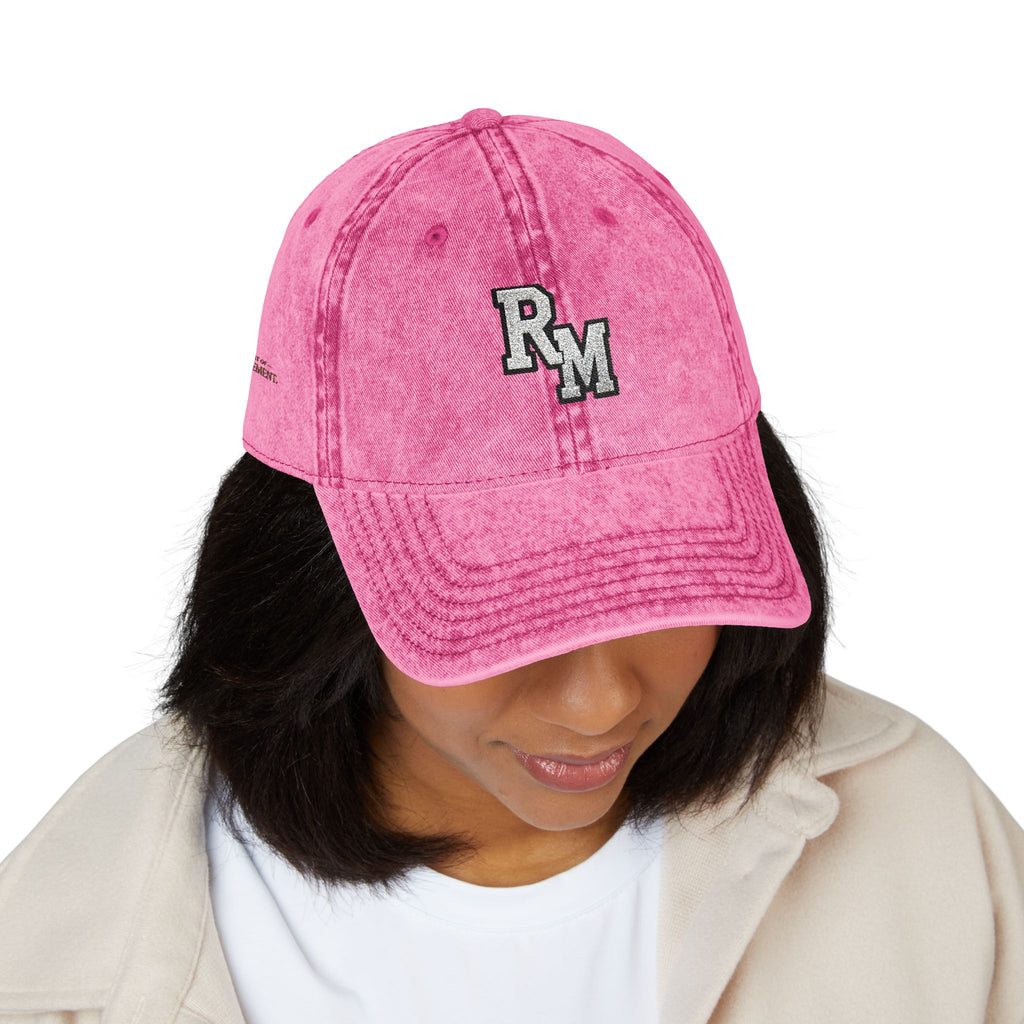 Vintage Embroidered Cap – Distressed Grey Baseball Hat with Gold RM Monogram