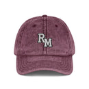 Vintage Embroidered Cap – Distressed Grey Baseball Hat with Gold RM Monogram