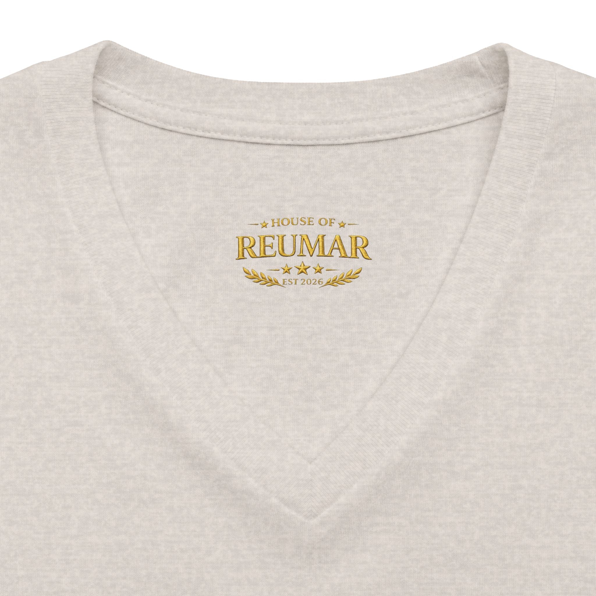 Women's V-Neck Tee — 'RM House of Reumar' Collegiate Graphic