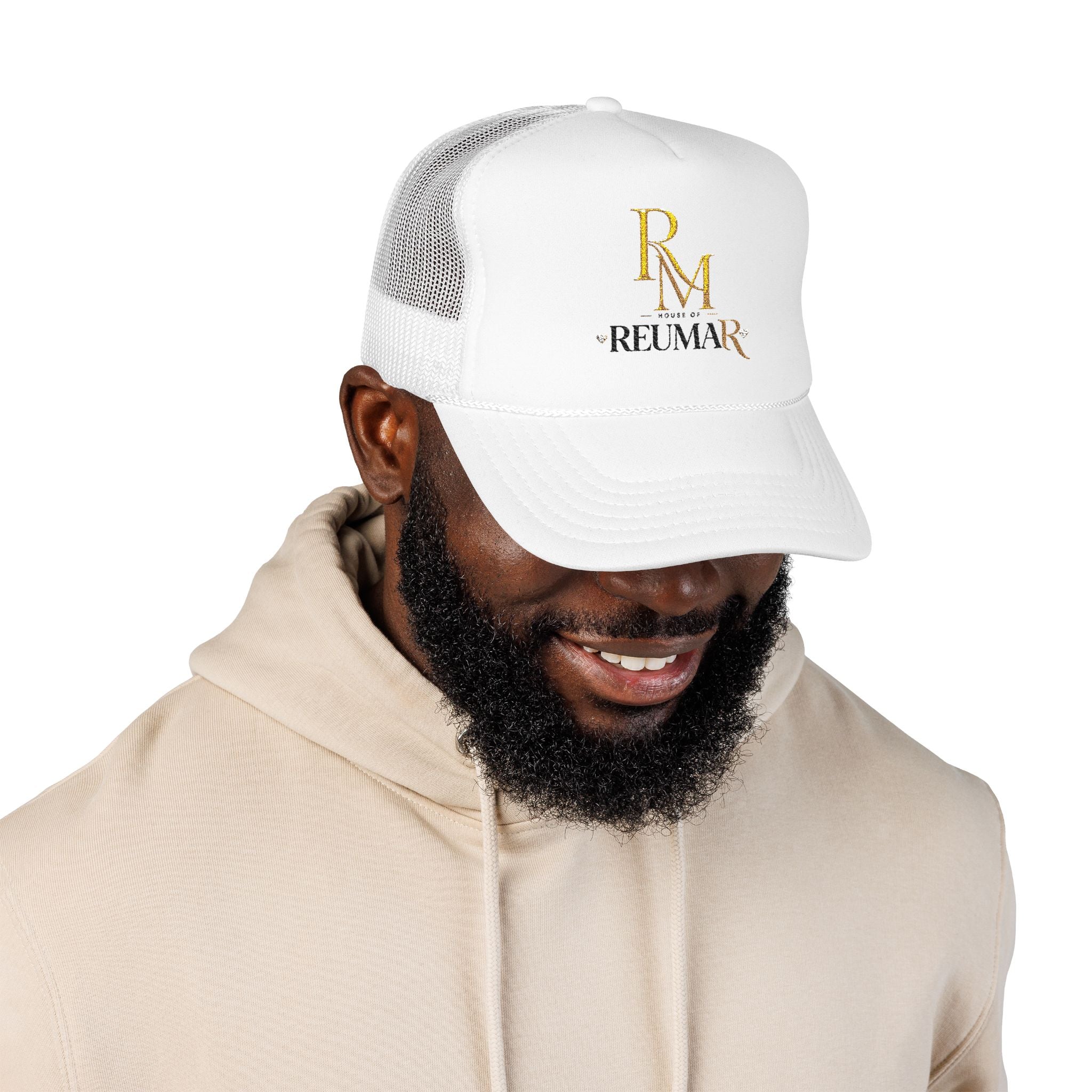 Reumar Gold Monogram Trucker Hat - Mesh Foam Baseball Cap