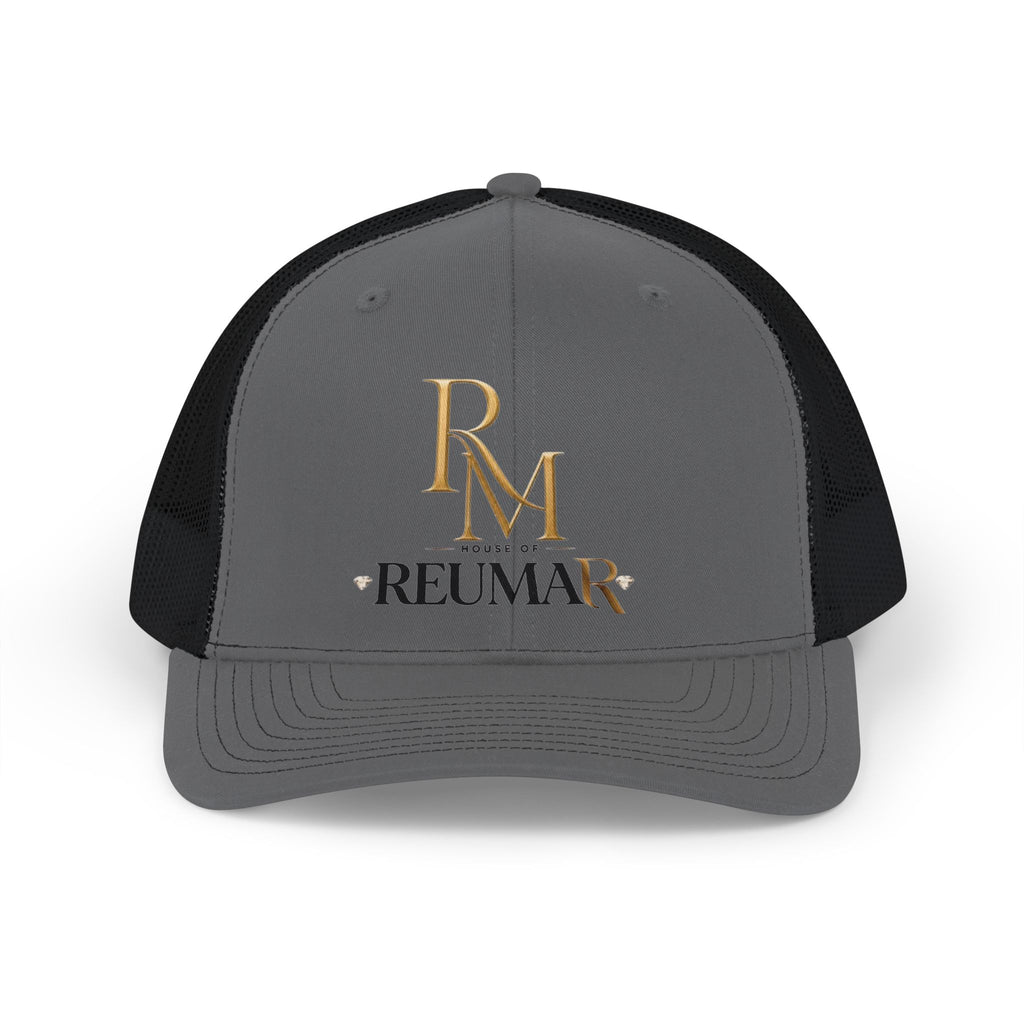 Reumar RM Embroidered Snapback Trucker Cap — Gold Logo Mesh Baseball Hat