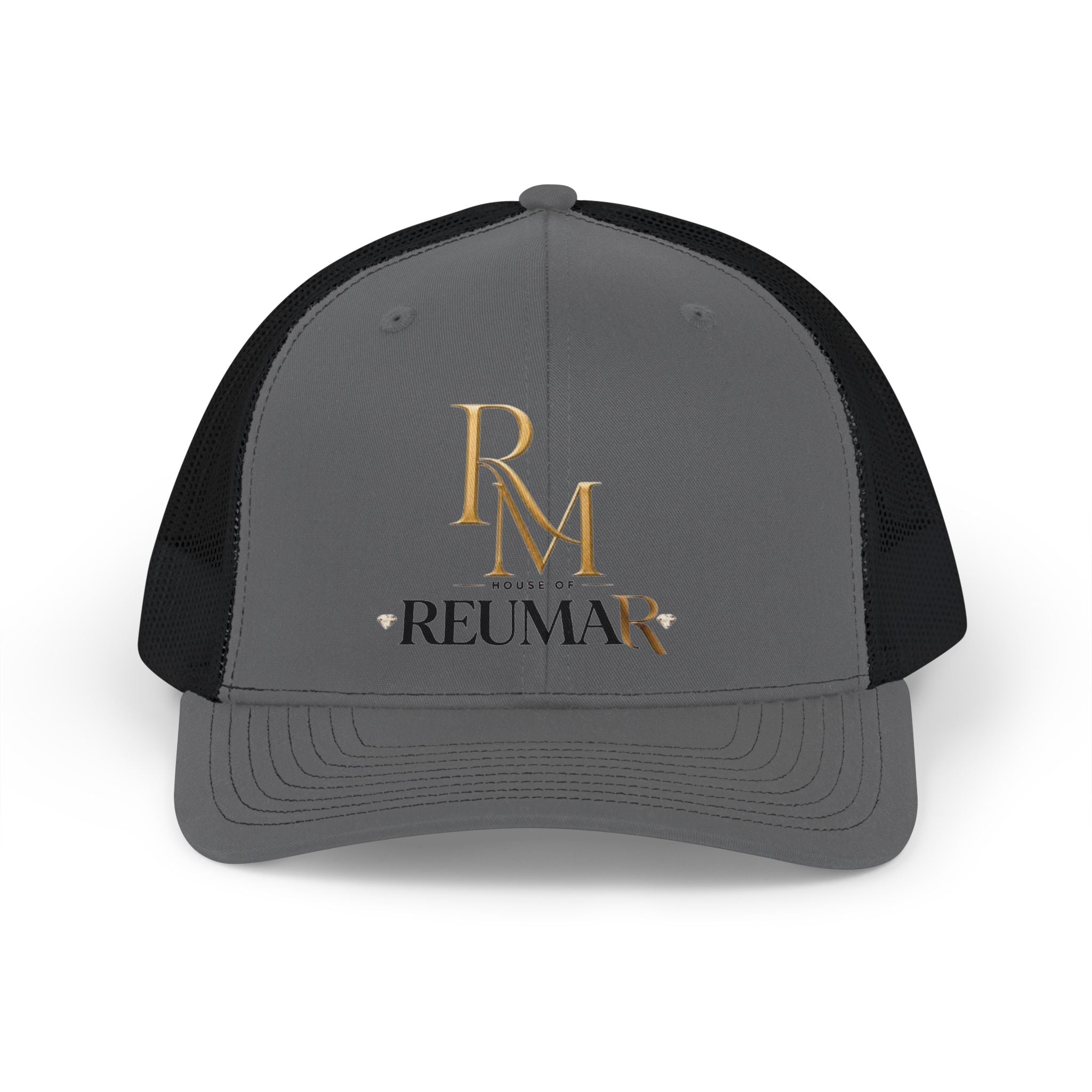Reumar RM Embroidered Snapback Trucker Cap — Gold Logo Mesh Baseball Hat