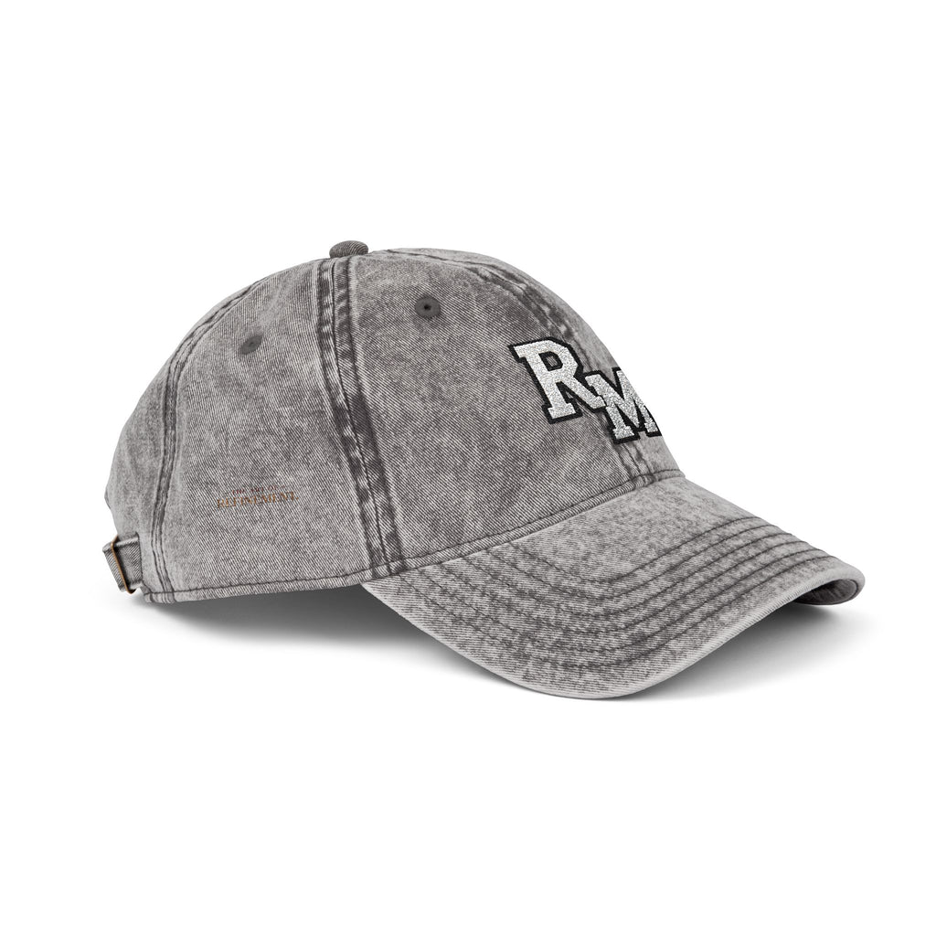 Vintage Embroidered Cap – Distressed Grey Baseball Hat with Gold RM Monogram