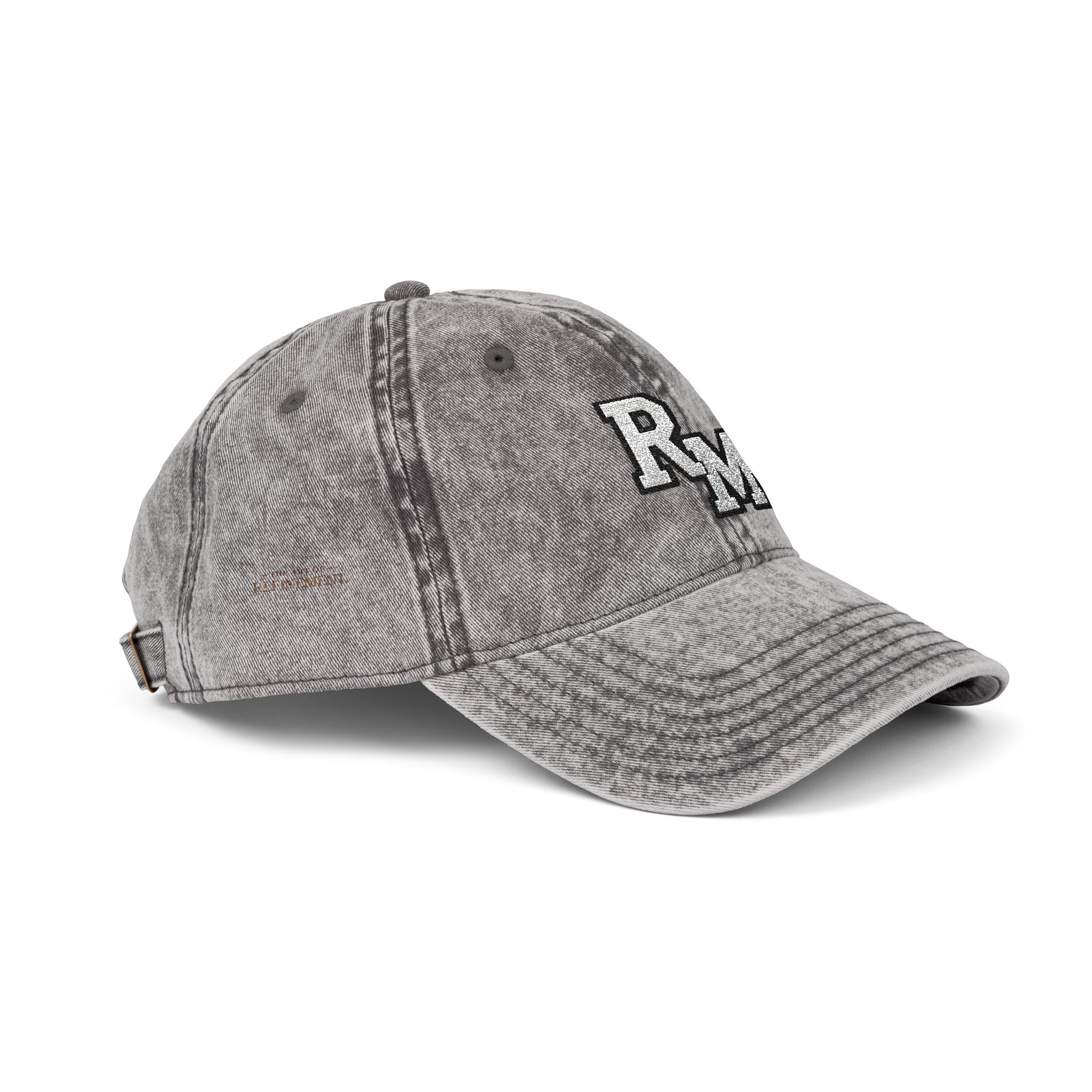 Vintage Embroidered Cap – Distressed Grey Baseball Hat with Gold RM Monogram
