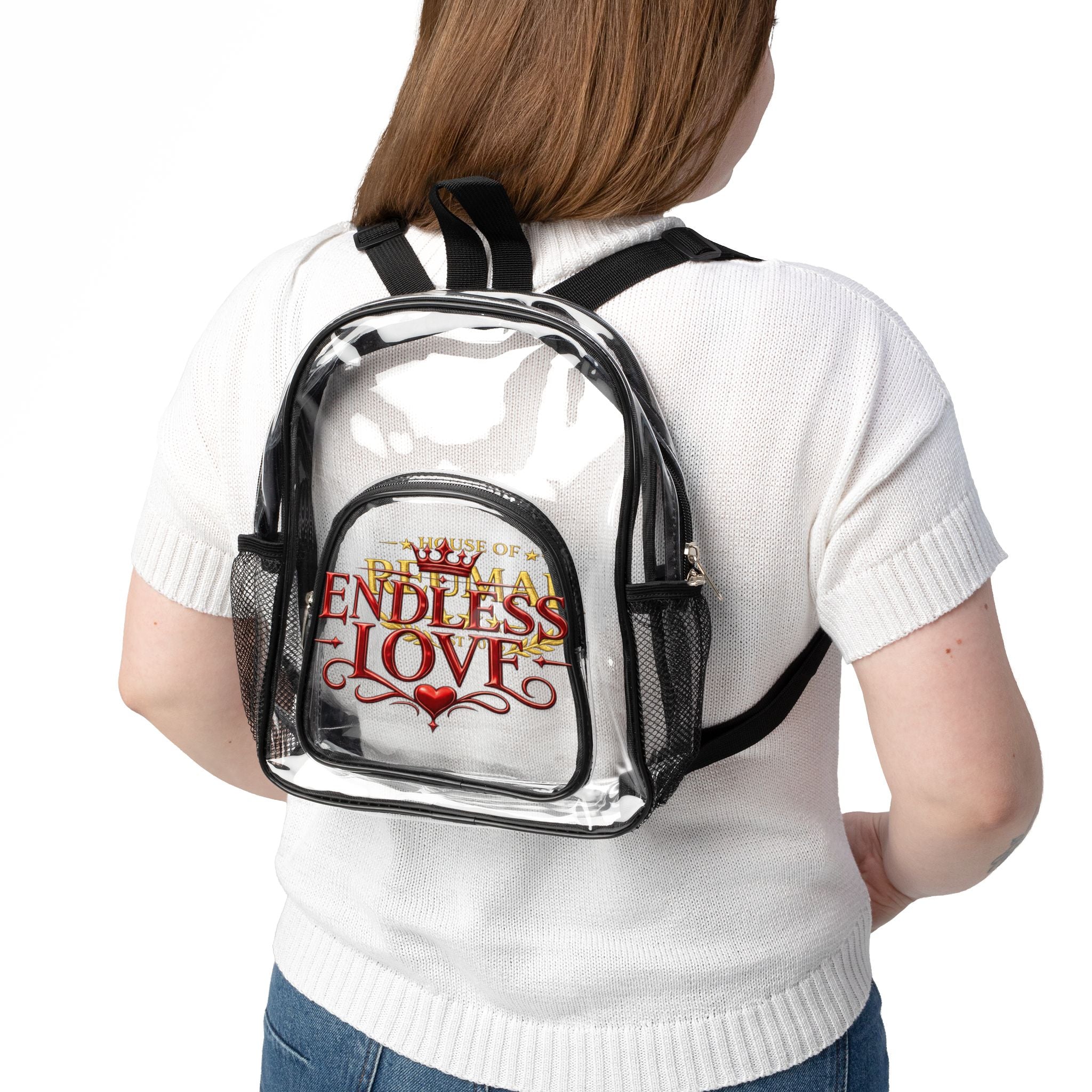 Clear Stadium Backpack – 'Endless Love' Clear School Bag with Crown Graphic
