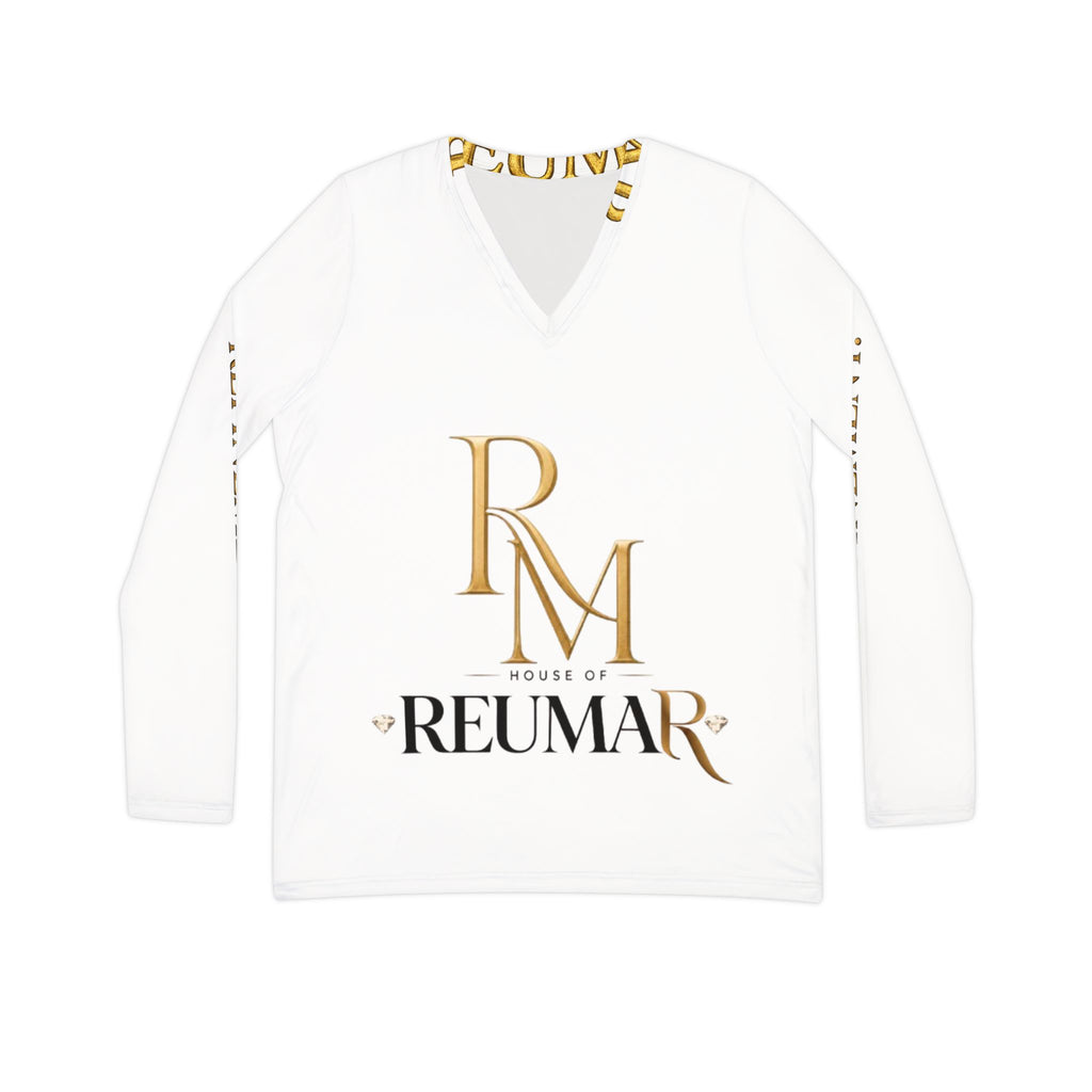 Women's V-Neck Long Sleeve Shirt — 'Merica Flag Peace Sign & House of Reumar Logo