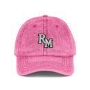 Vintage Embroidered Cap – Distressed Grey Baseball Hat with Gold RM Monogram