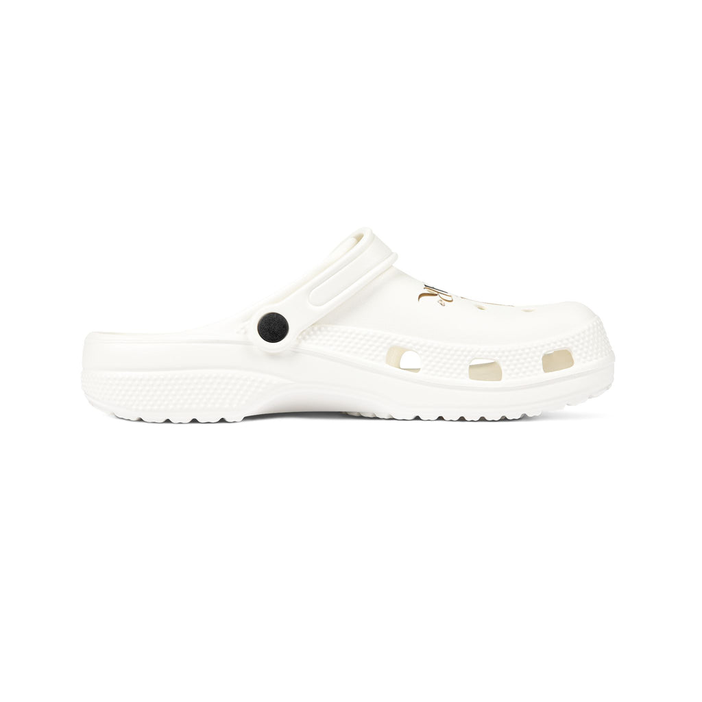 White EVA Foam Clogs with Gold Reumar Logo — Lightweight Slip-On Shoes